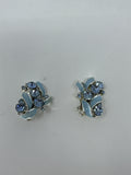 Vintage Blue Rhinestone Clip On Earrings Silver Tone Cluster Mid Century Retro