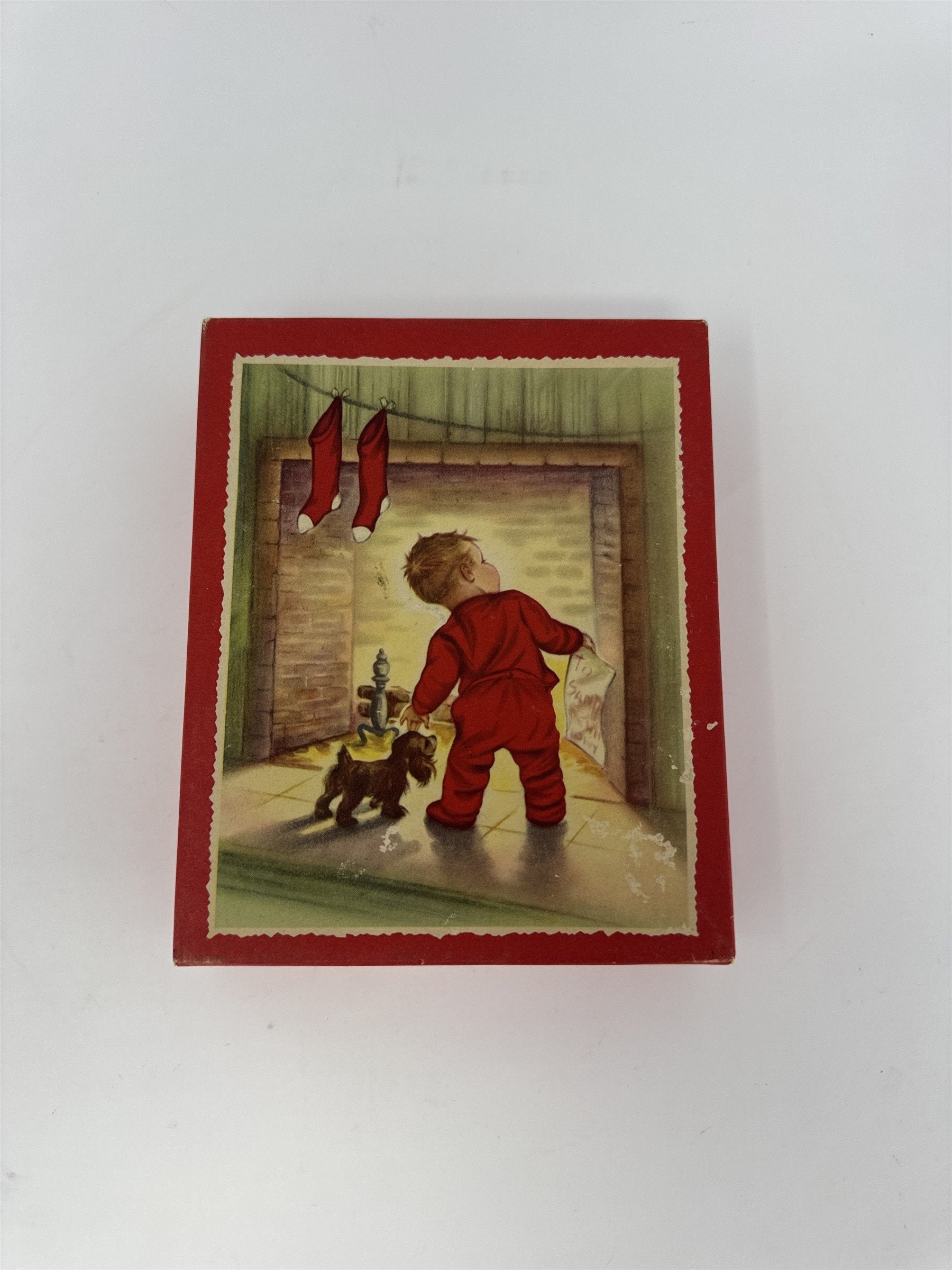 Vtg MCM Christmas Card Box Feature De Luxe Nursery Art Child Dog Fireplace Empty