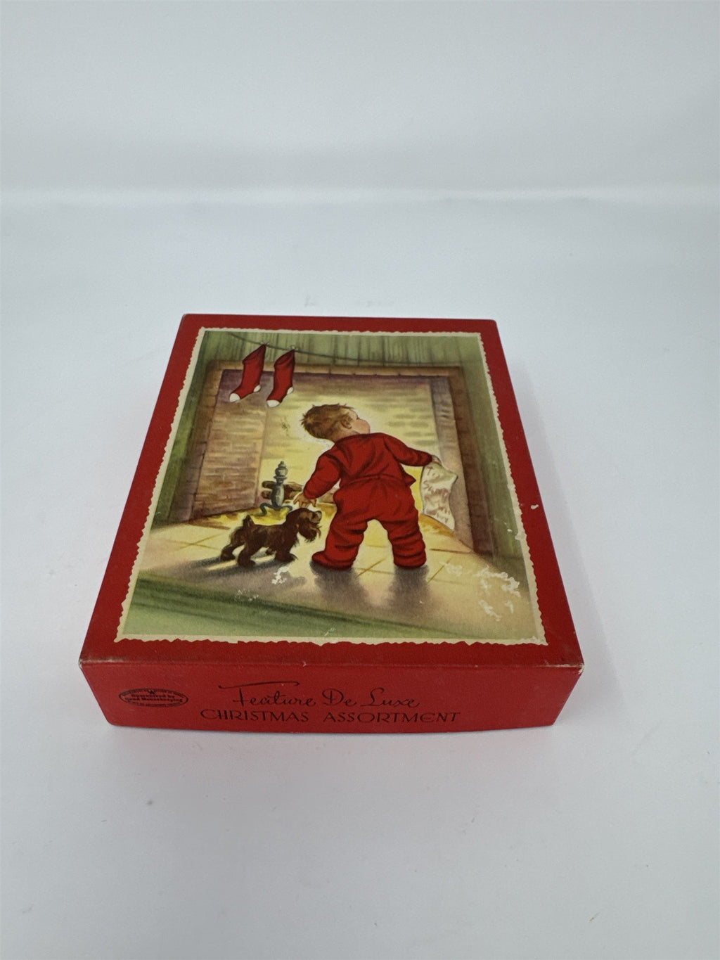 Vtg MCM Christmas Card Box Feature De Luxe Nursery Art Child Dog Fireplace Empty
