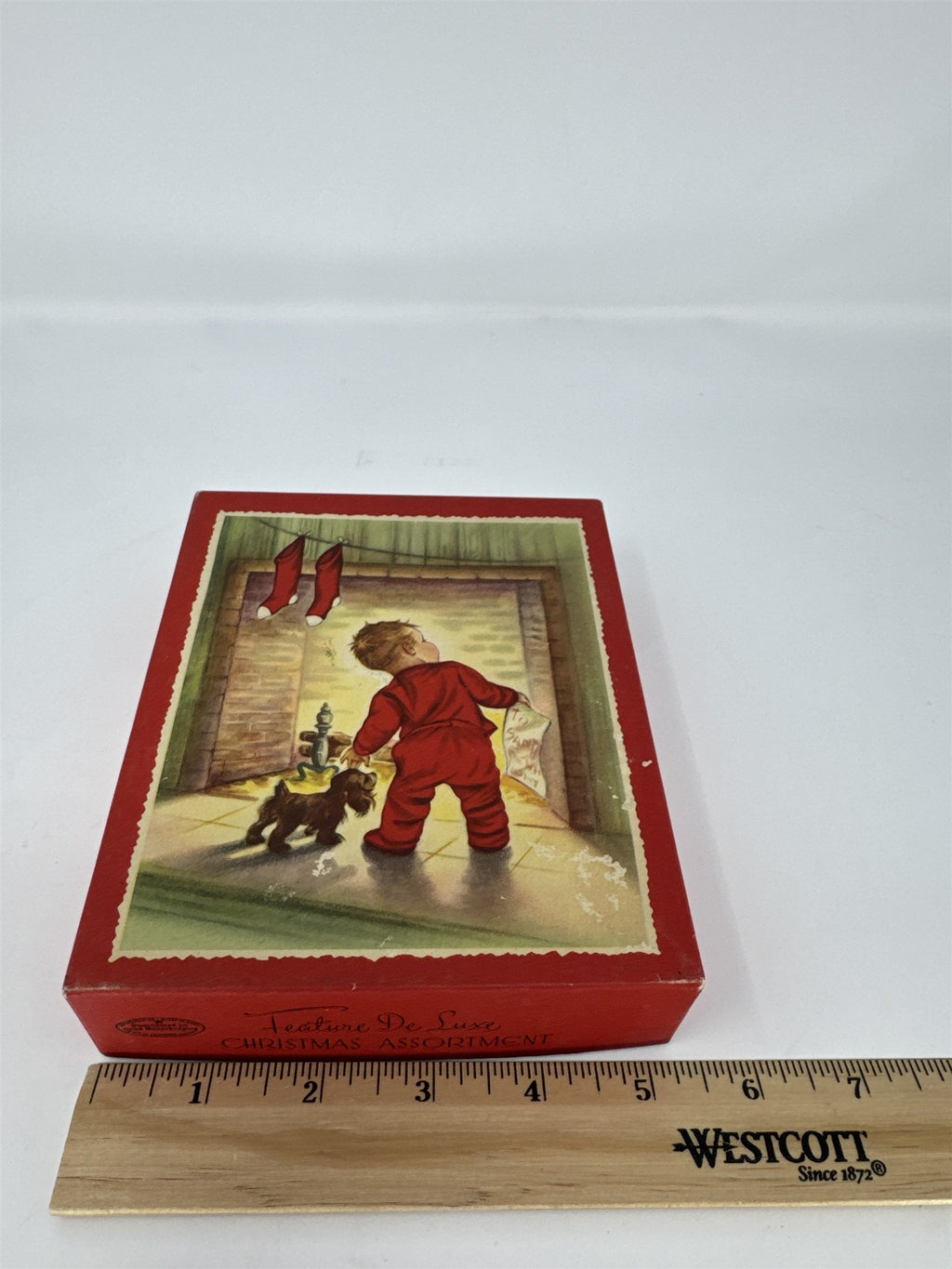 Vtg MCM Christmas Card Box Feature De Luxe Nursery Art Child Dog Fireplace Empty