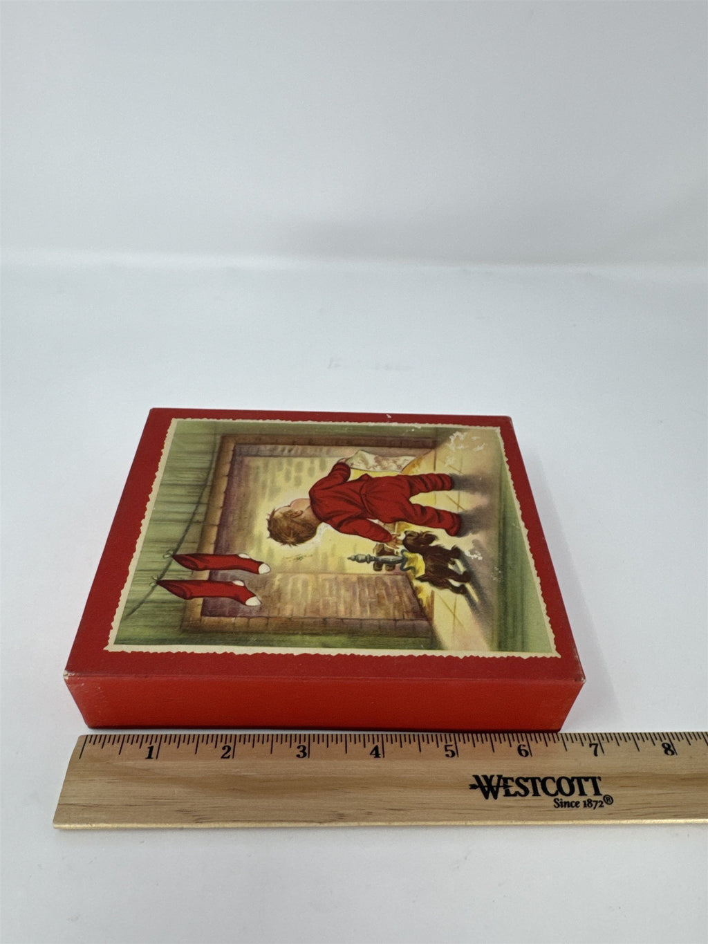 Vtg MCM Christmas Card Box Feature De Luxe Nursery Art Child Dog Fireplace Empty