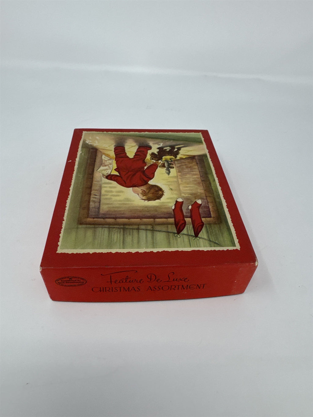 Vtg MCM Christmas Card Box Feature De Luxe Nursery Art Child Dog Fireplace Empty