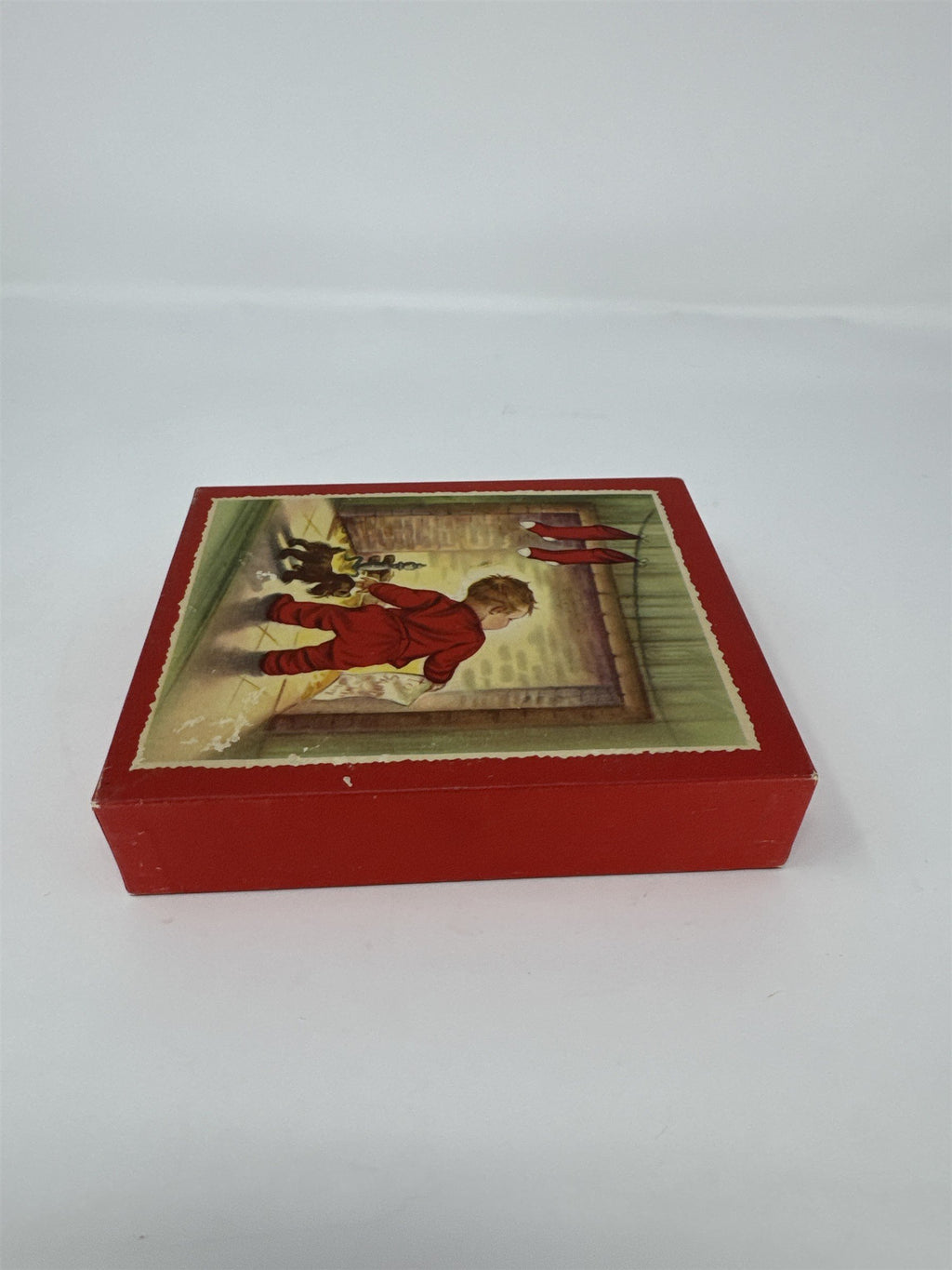 Vtg MCM Christmas Card Box Feature De Luxe Nursery Art Child Dog Fireplace Empty