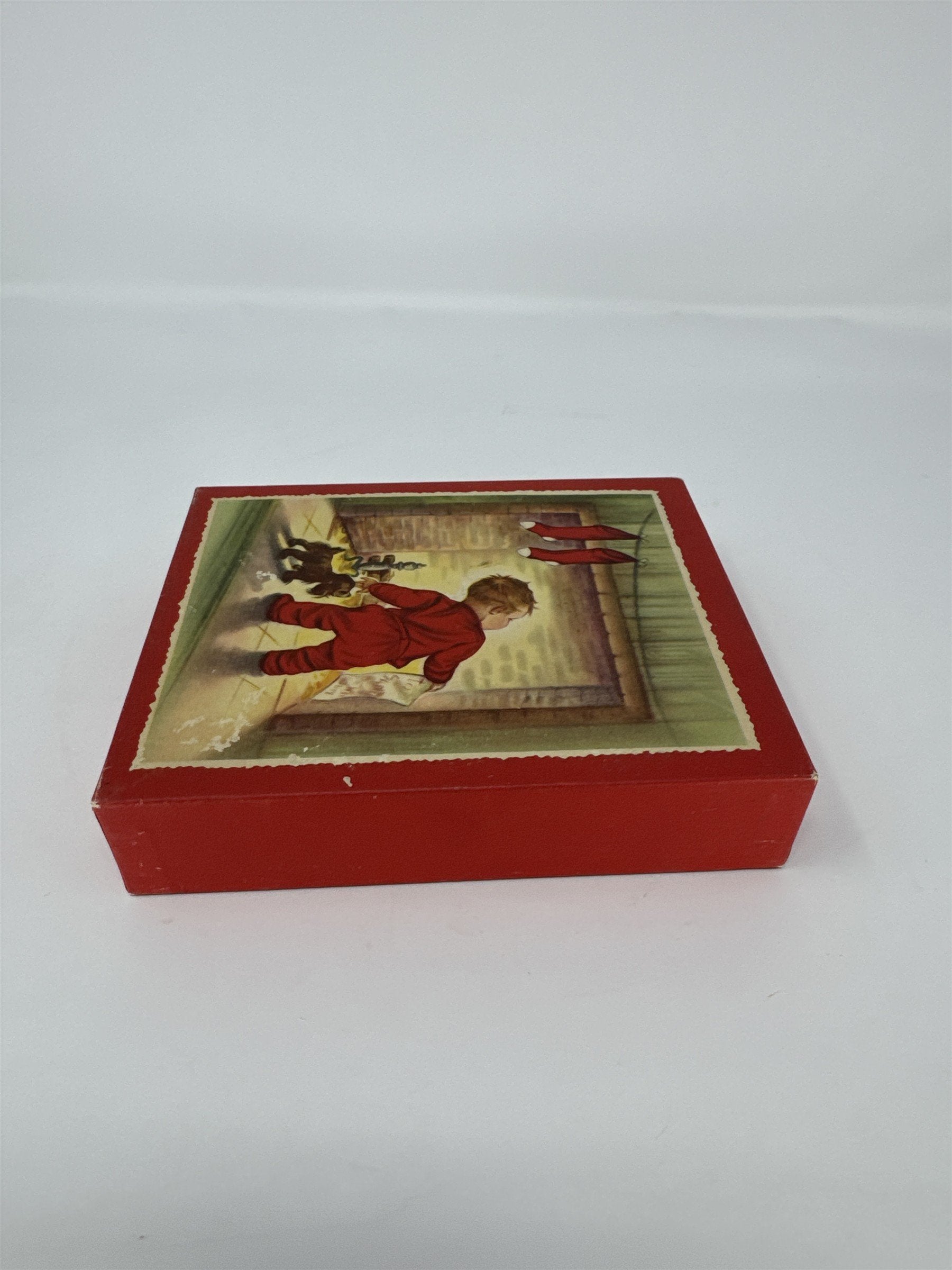 Vtg MCM Christmas Card Box Feature De Luxe Nursery Art Child Dog Fireplace Empty