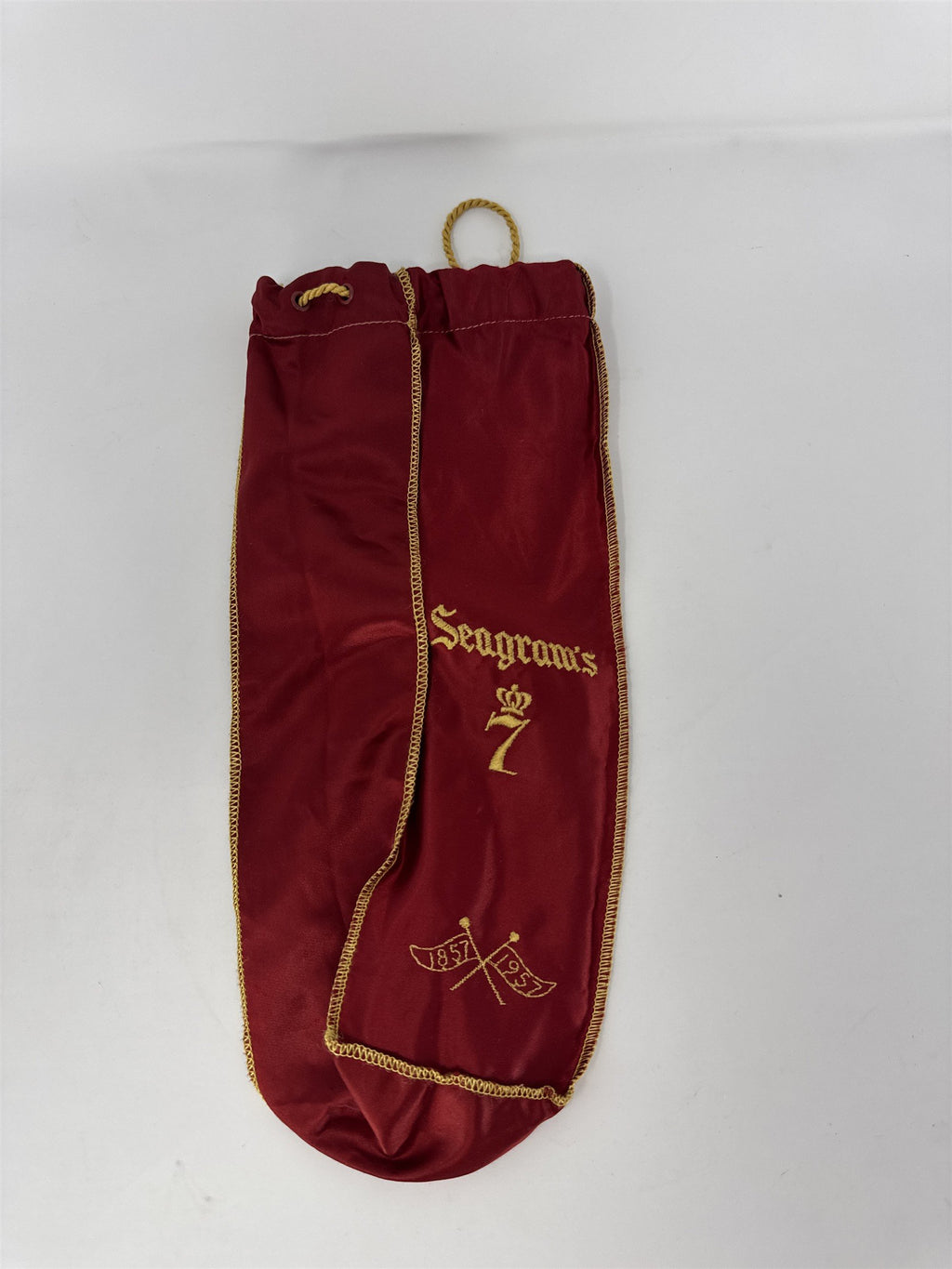 Vtg Seagram's 7 Crown Centennial Bag 1857-1957 100th Anniversary Red Gold Drawst