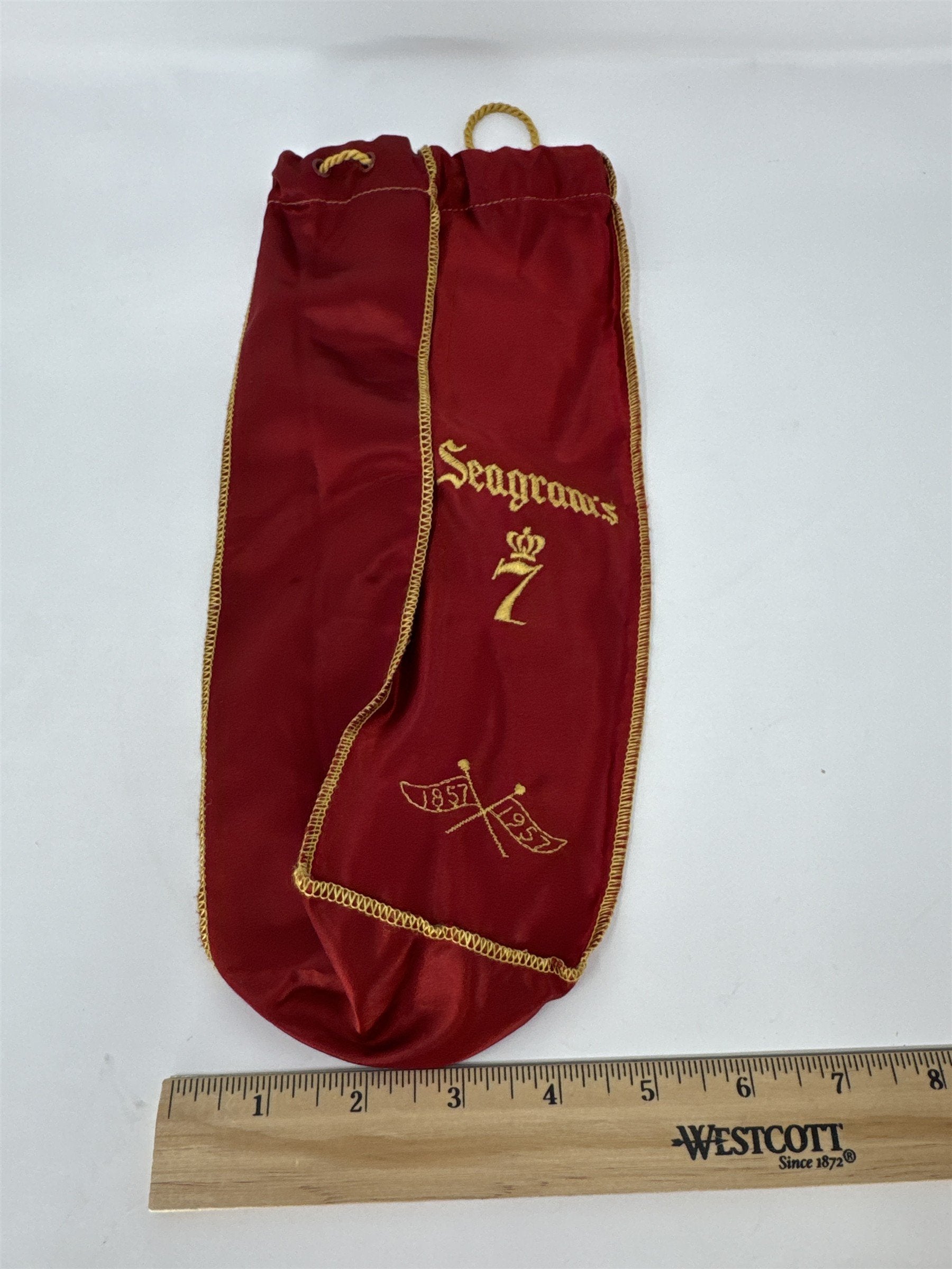 Vtg Seagram's 7 Crown Centennial Bag 1857-1957 100th Anniversary Red Gold Drawst