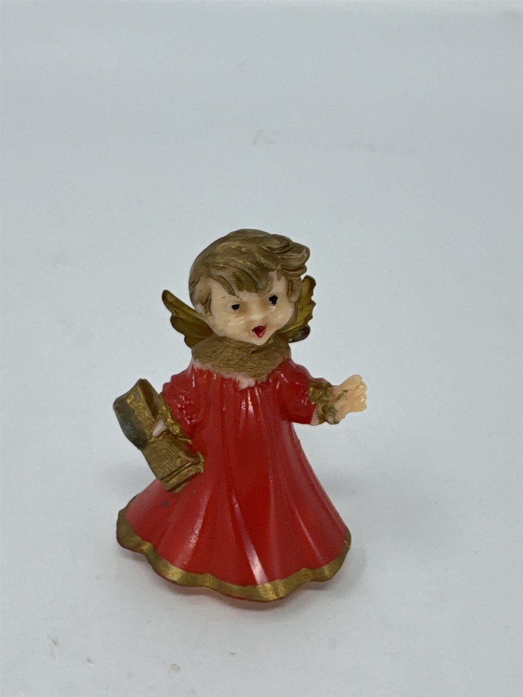 Vtg Hong Kong Christmas Angel Ornament Red Gold Plastic Miniature Caroler MCM