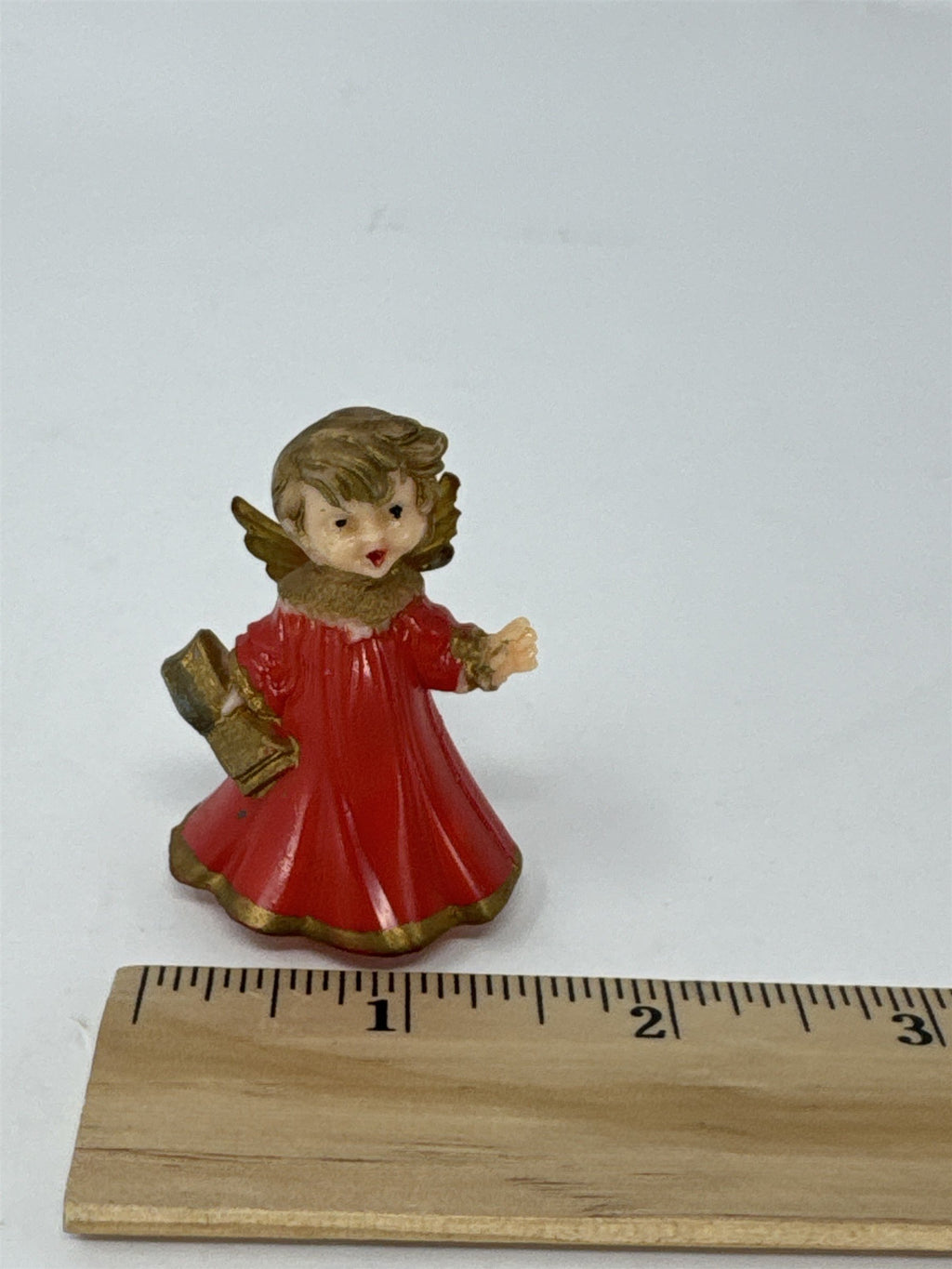 Vtg Hong Kong Christmas Angel Ornament Red Gold Plastic Miniature Caroler MCM