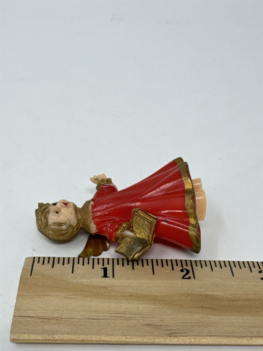 Vtg Hong Kong Christmas Angel Ornament Red Gold Plastic Miniature Caroler MCM