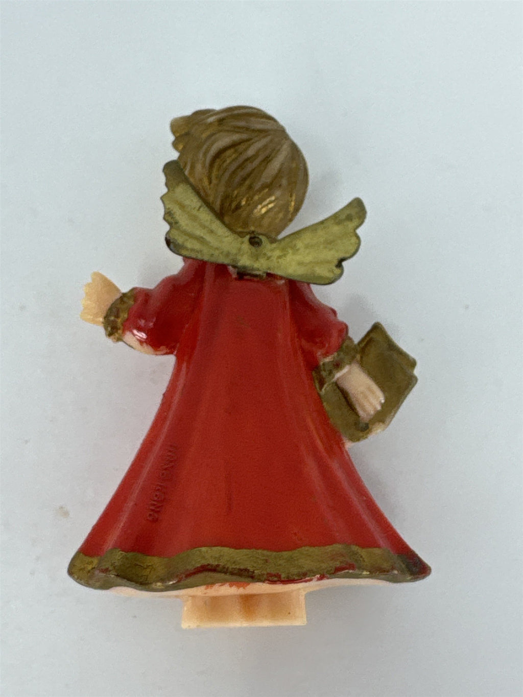 Vtg Hong Kong Christmas Angel Ornament Red Gold Plastic Miniature Caroler MCM