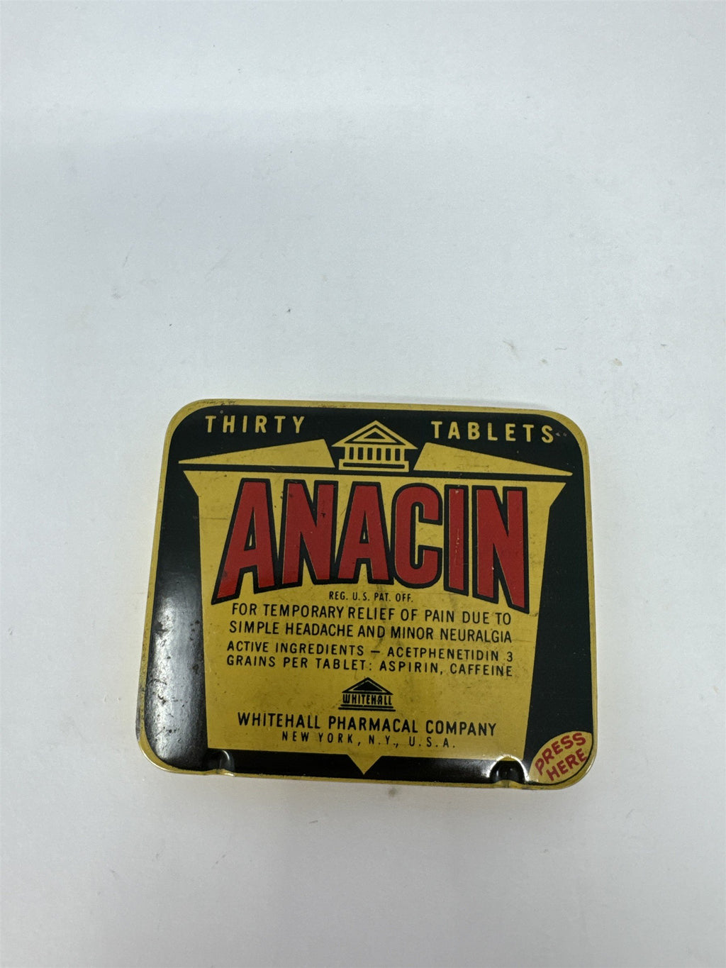 Vintage Anacin Tin Thirty Tablets Whitehall Pharmacal Co New York Apothecary