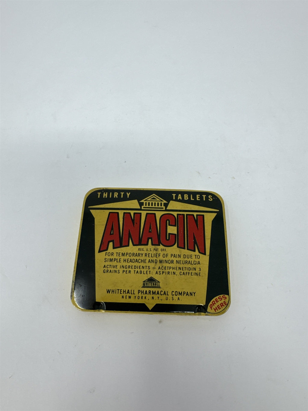 Vintage Anacin Tin Thirty Tablets Whitehall Pharmacal Co New York Apothecary