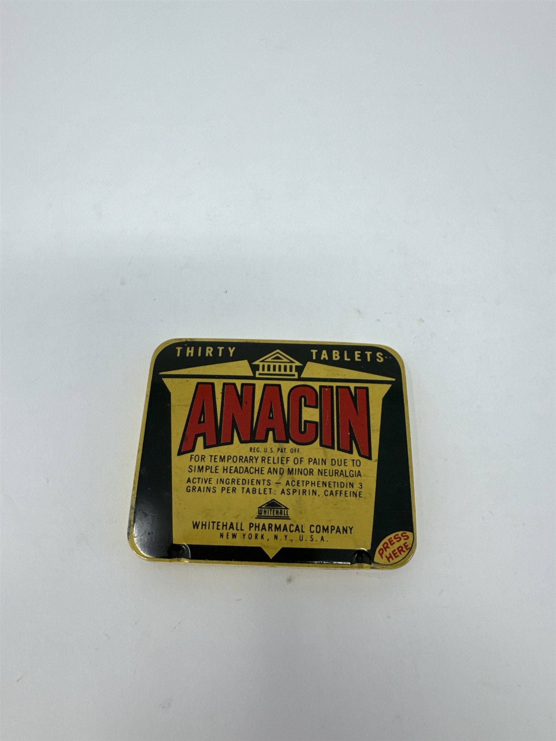 Vintage Anacin Tin Thirty Tablets Whitehall Pharmacal Co New York Apothecary