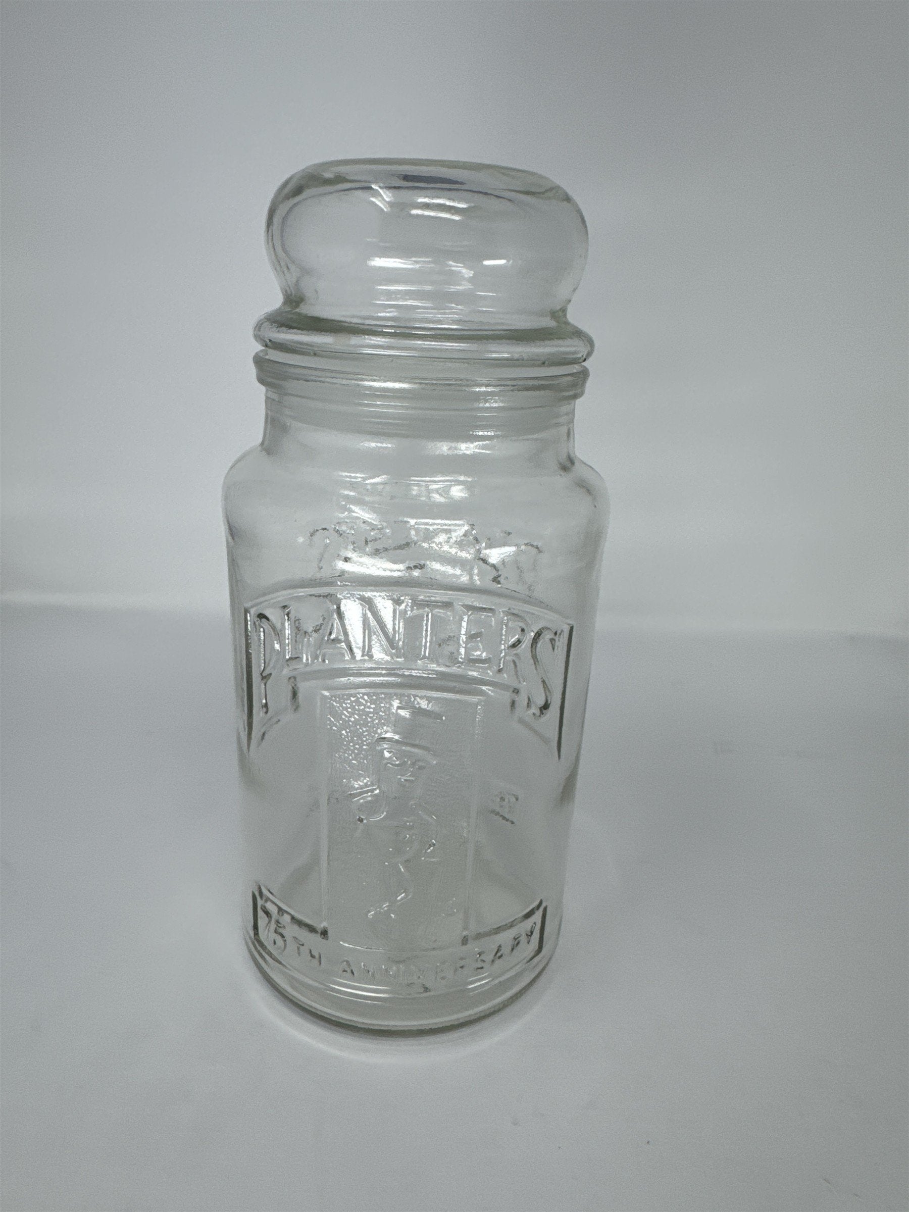Vintage Planters Peanuts 75th Anniversary Glass Jar Mr. Peanut 1906-1981 with Li