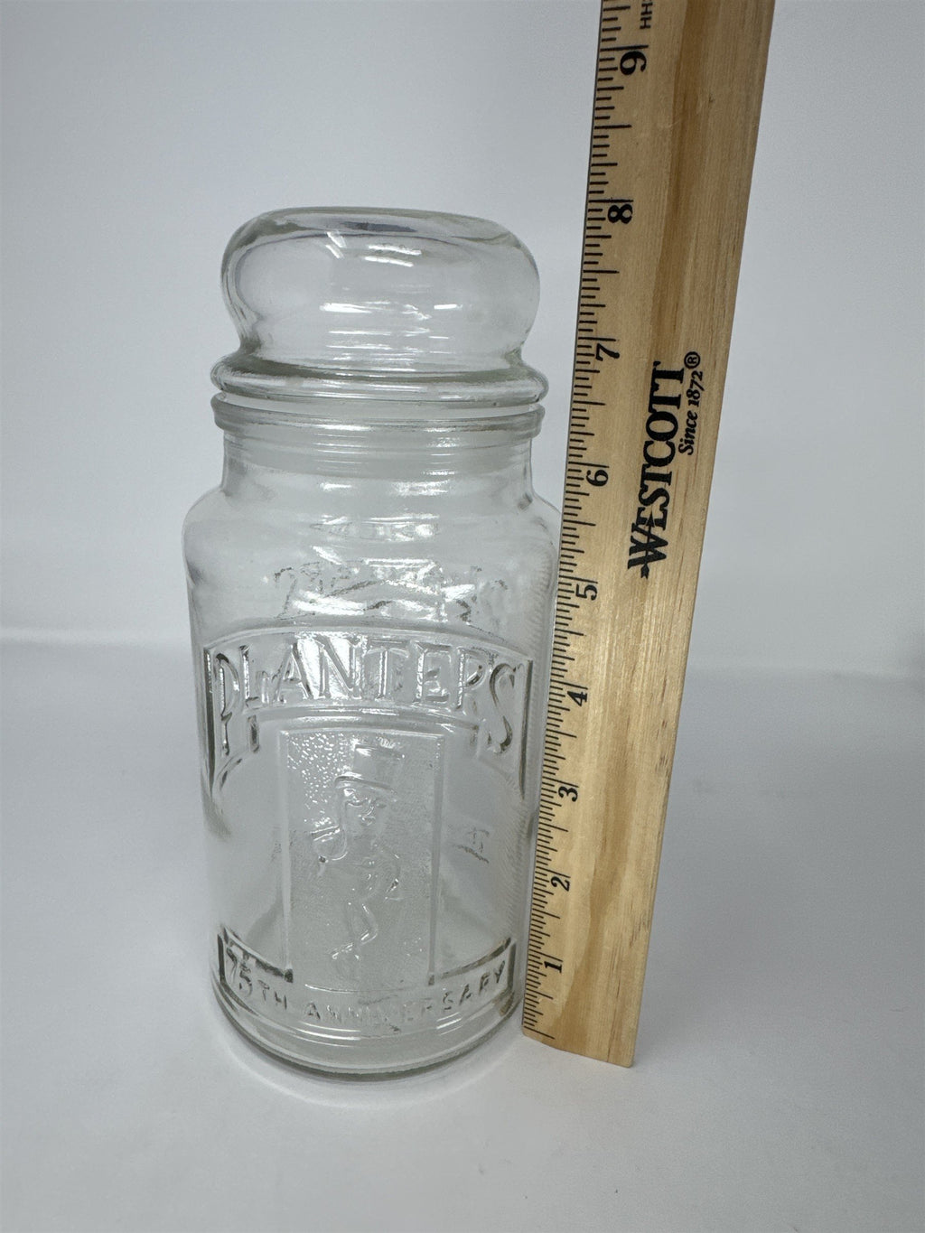 Vintage Planters Peanuts 75th Anniversary Glass Jar Mr. Peanut 1906-1981 with Li