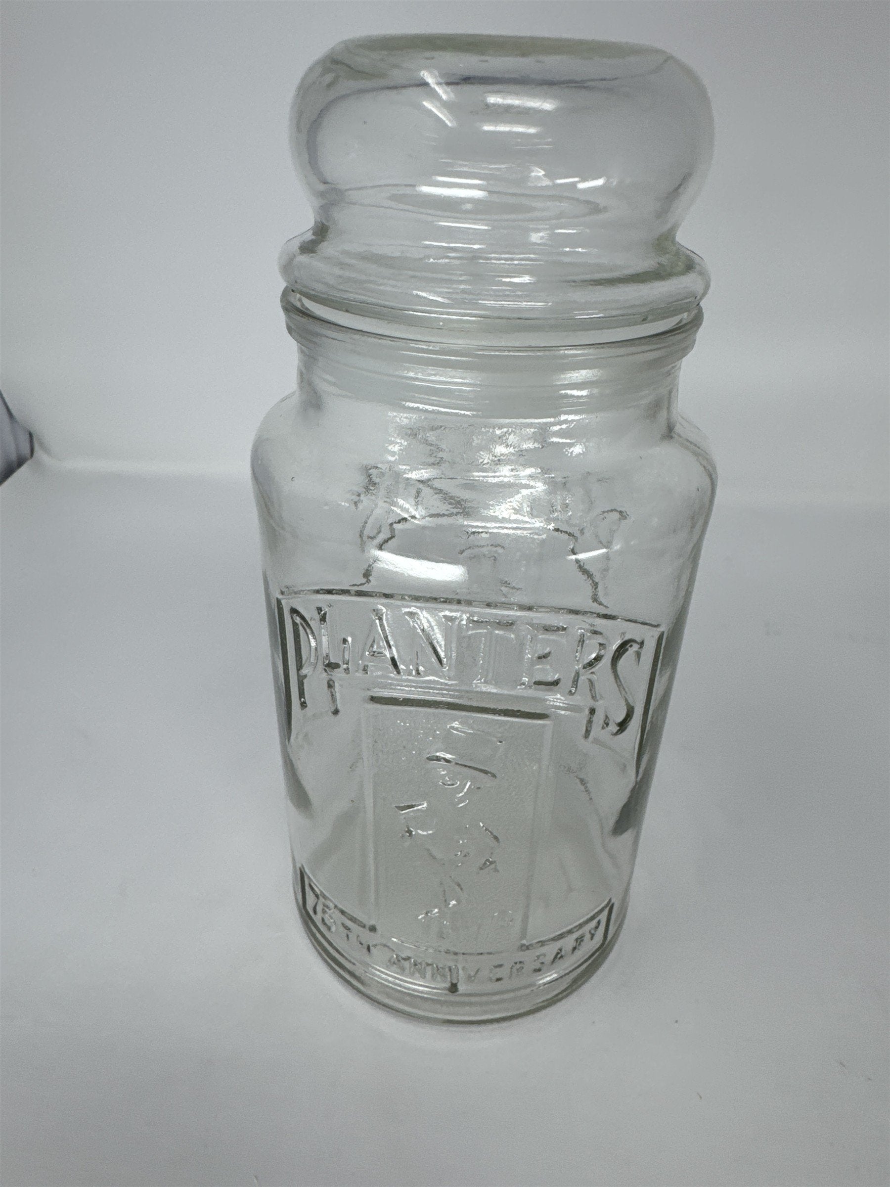 Vintage Planters Peanuts 75th Anniversary Glass Jar Mr. Peanut 1906-1981 with Li