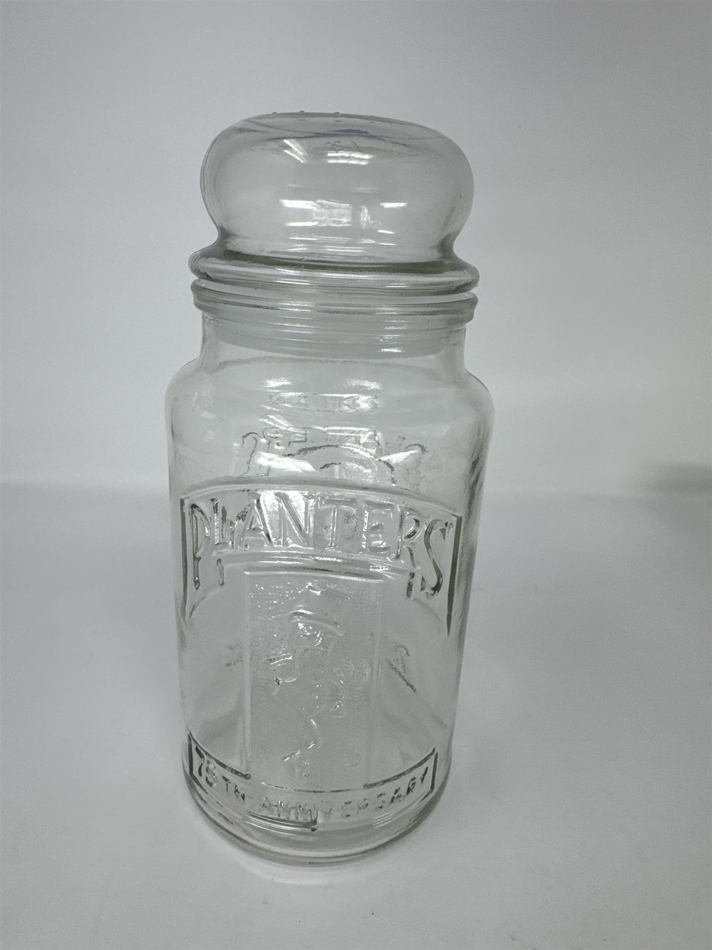 Vintage Planters Peanuts 75th Anniversary Glass Jar Mr. Peanut 1906-1981 w Lid