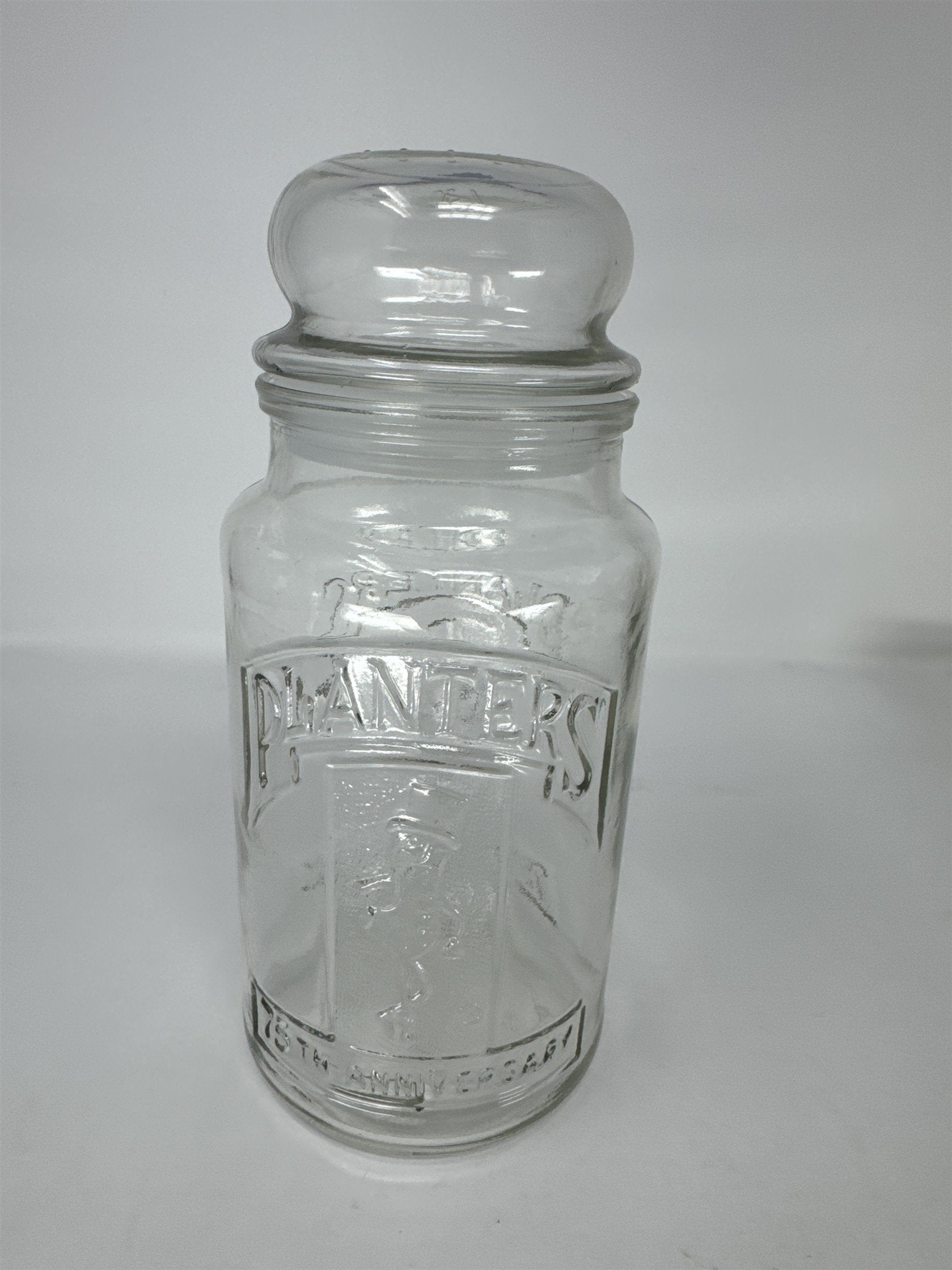 Vintage Planters Peanuts 75th Anniversary Glass Jar Mr. Peanut 1906-1981 w Lid