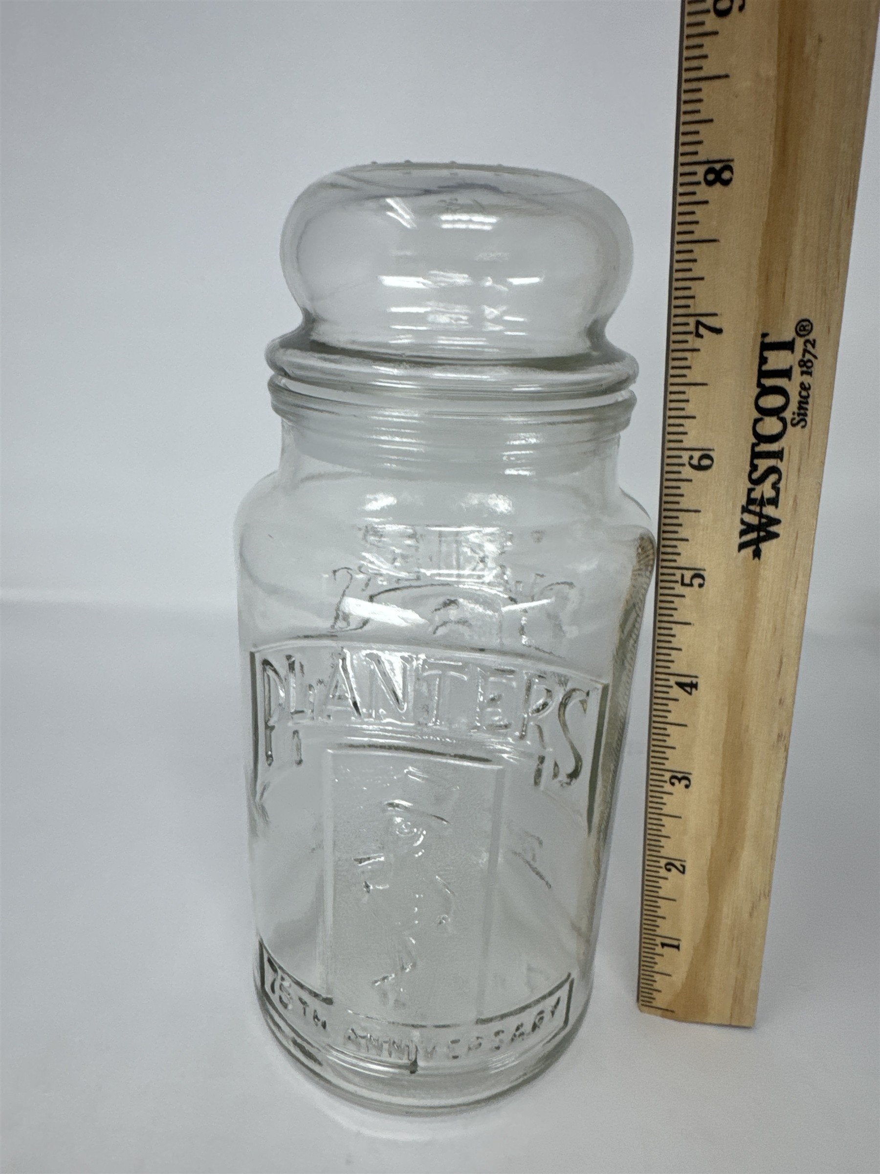 Vintage Planters Peanuts 75th Anniversary Glass Jar Mr. Peanut 1906-1981 w Lid