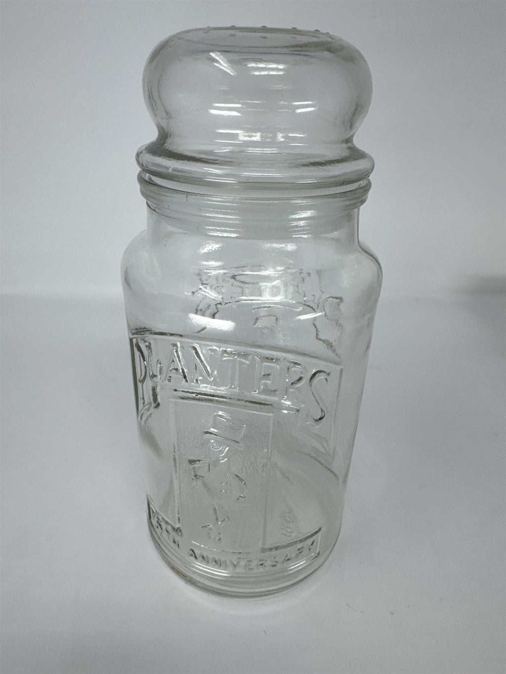 Vintage Planters Peanuts 75th Anniversary Glass Jar Mr. Peanut 1906-1981 w Lid