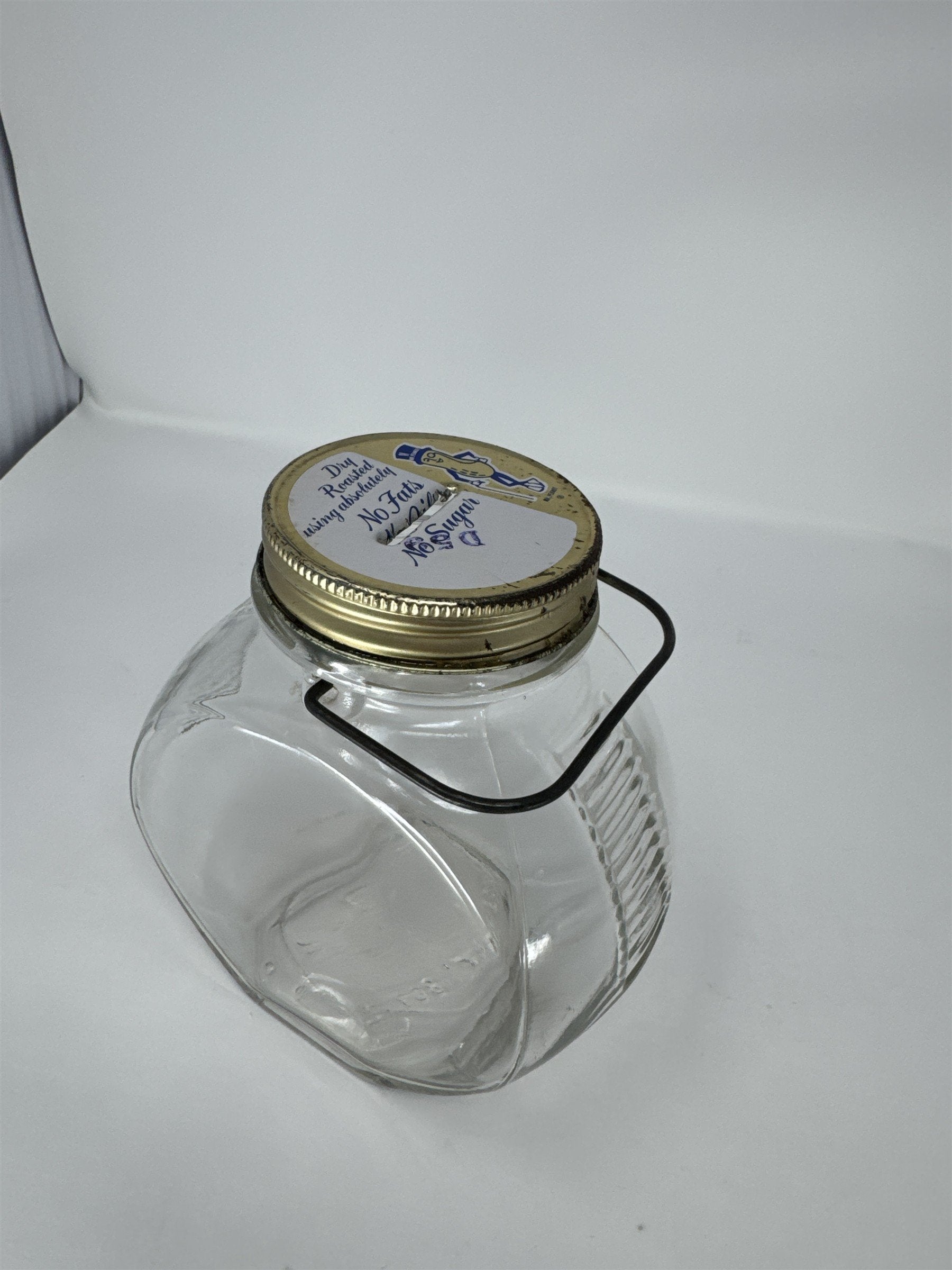 Vintage Planters Peanuts Glass Jar Coin Bank Mr. Peanut Metal Handle Tin Lid