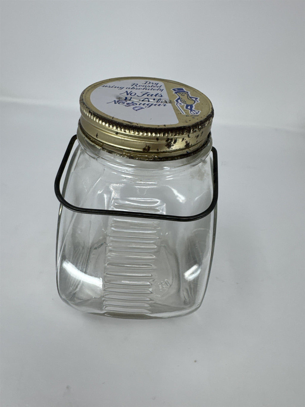 Vintage Planters Peanuts Glass Jar Coin Bank Mr. Peanut Metal Handle Tin Lid