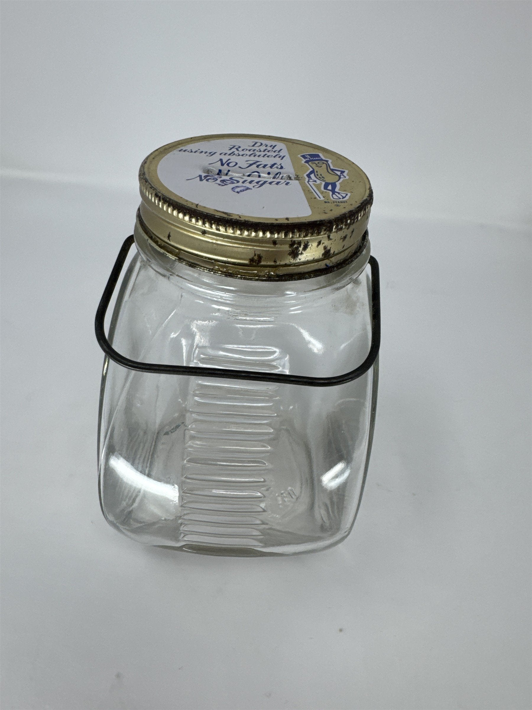 Vintage Planters Peanuts Glass Jar Coin Bank Mr. Peanut Metal Handle Tin Lid