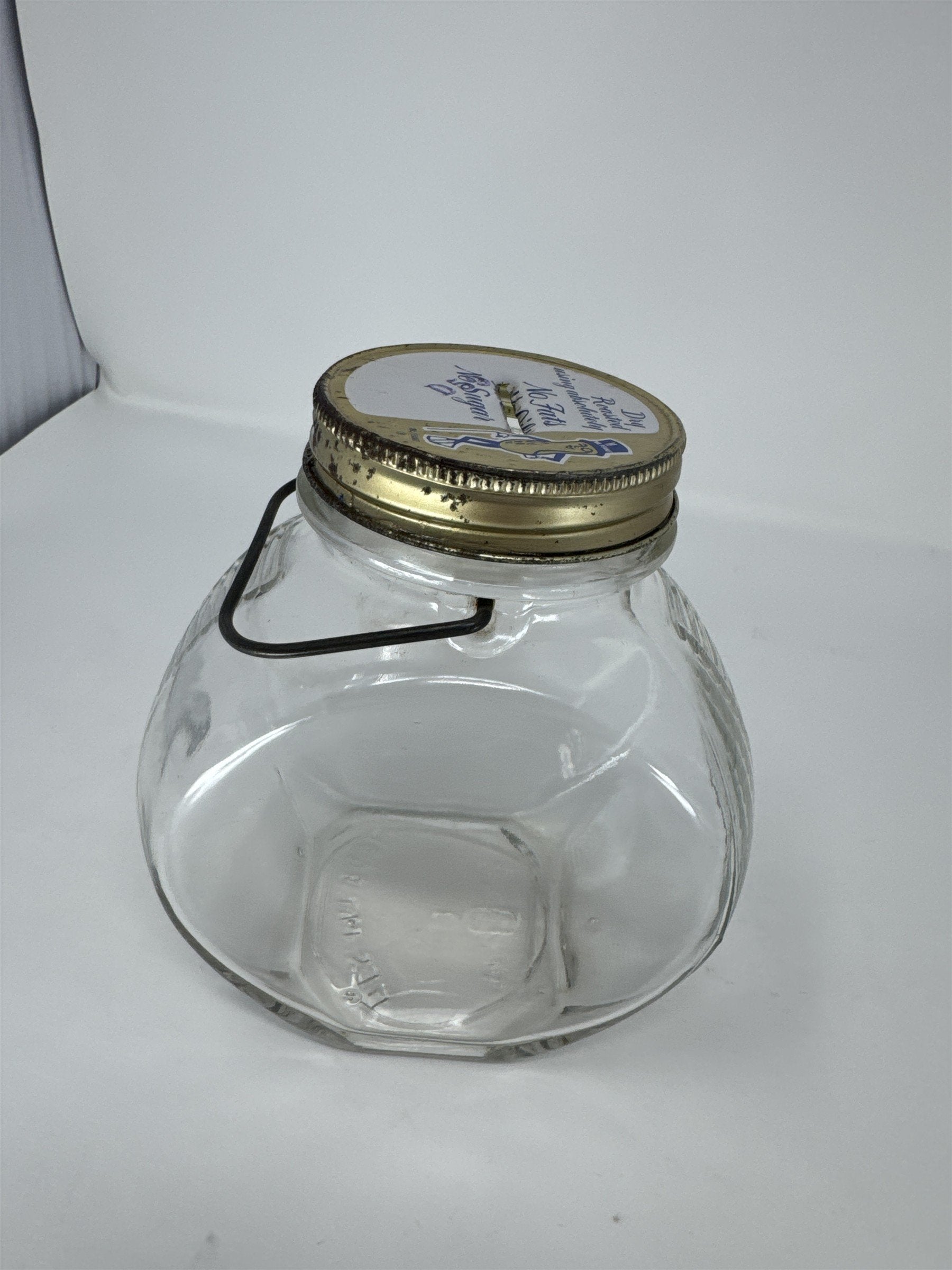 Vintage Planters Peanuts Glass Jar Coin Bank Mr. Peanut Metal Handle Tin Lid