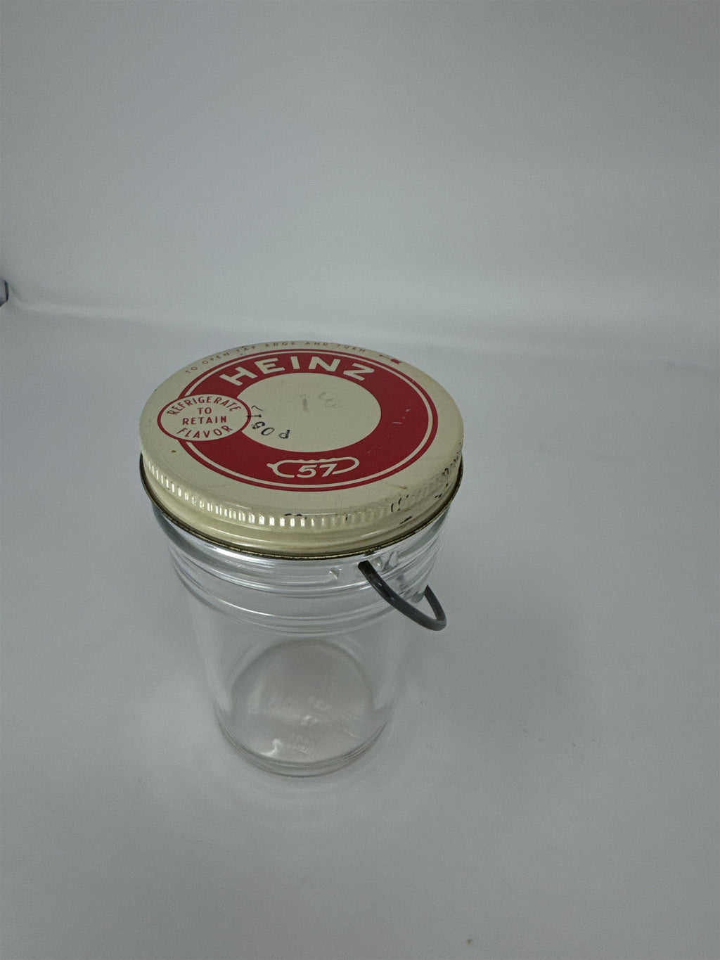 Vintage Heinz 57 Glass Jar with Metal Bail Handle Red White Tin Lid