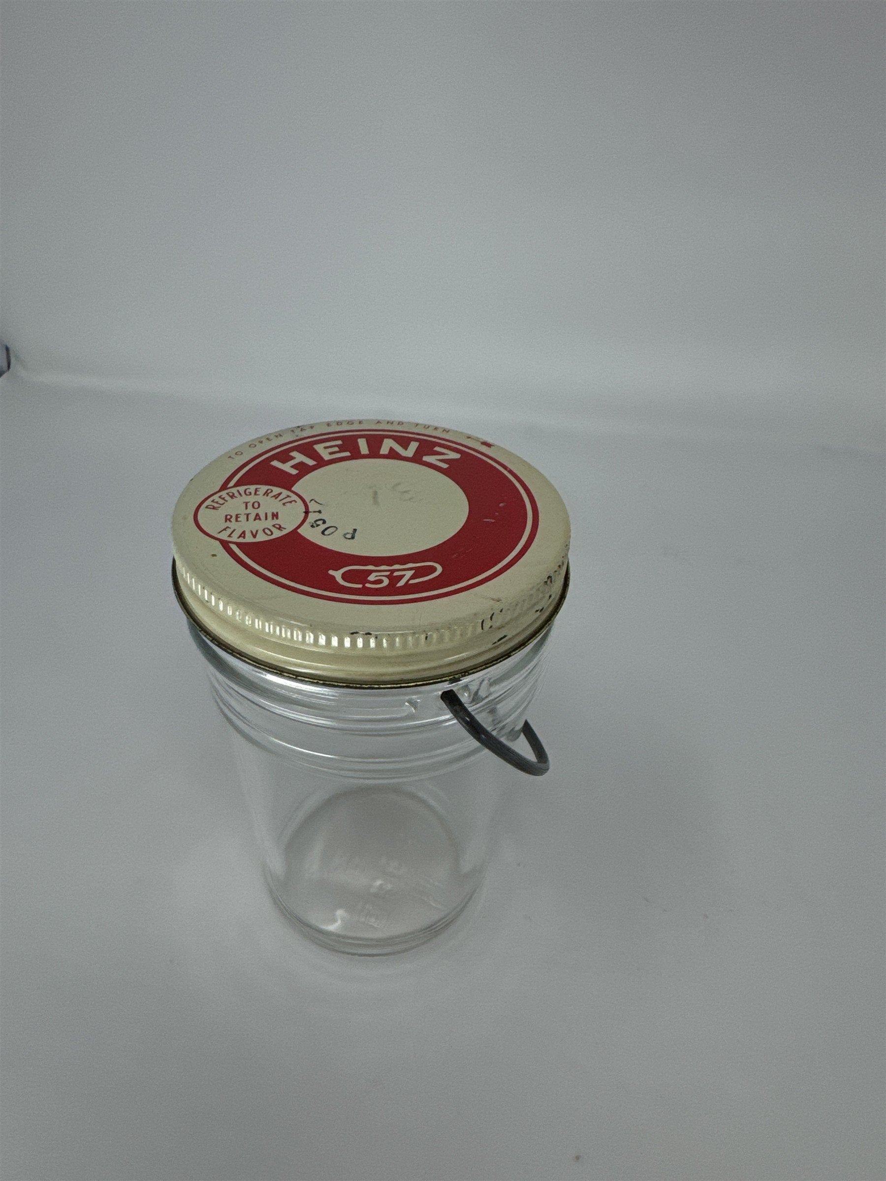 Vintage Heinz 57 Glass Jar with Metal Bail Handle Red White Tin Lid