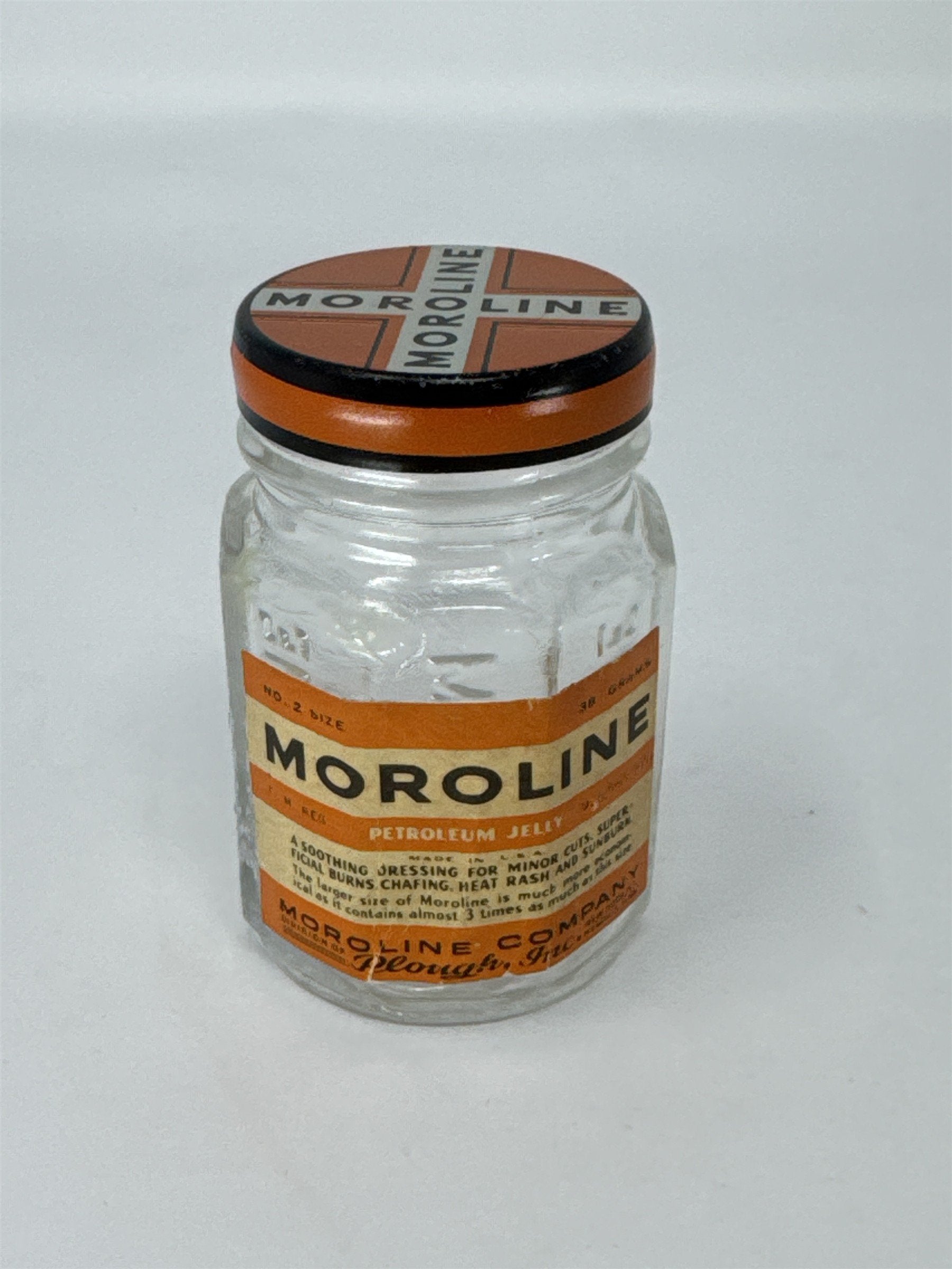 Vintage Moroline Petroleum Jelly Glass Jar Tin Lid Plough Inc Advertising