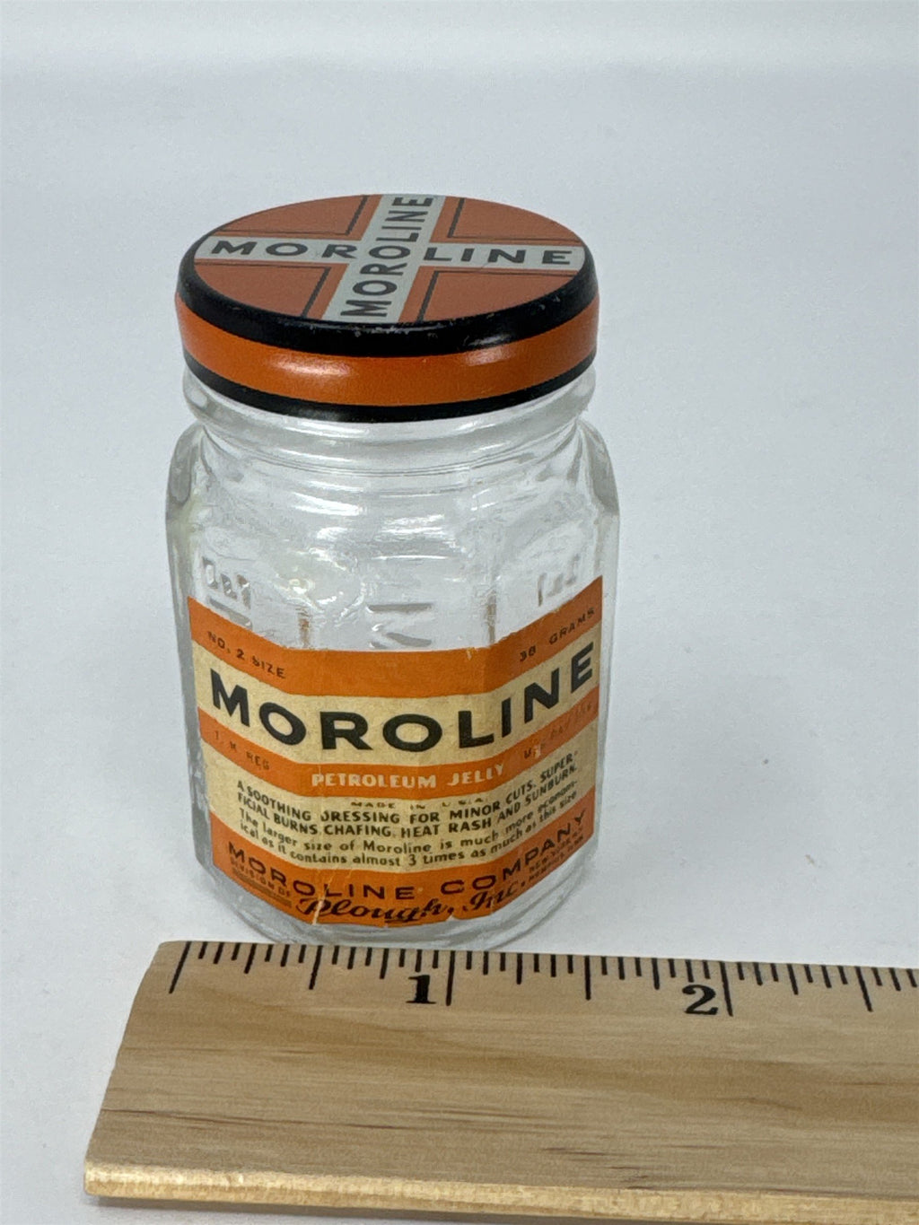 Vintage Moroline Petroleum Jelly Glass Jar Tin Lid Plough Inc Advertising