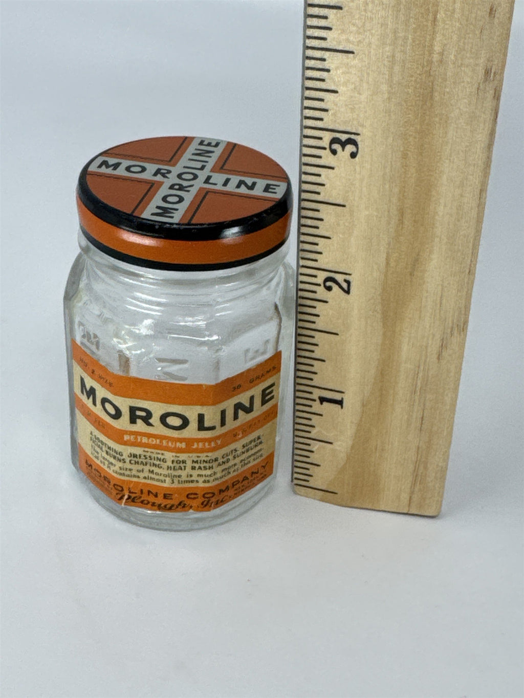 Vintage Moroline Petroleum Jelly Glass Jar Tin Lid Plough Inc Advertising