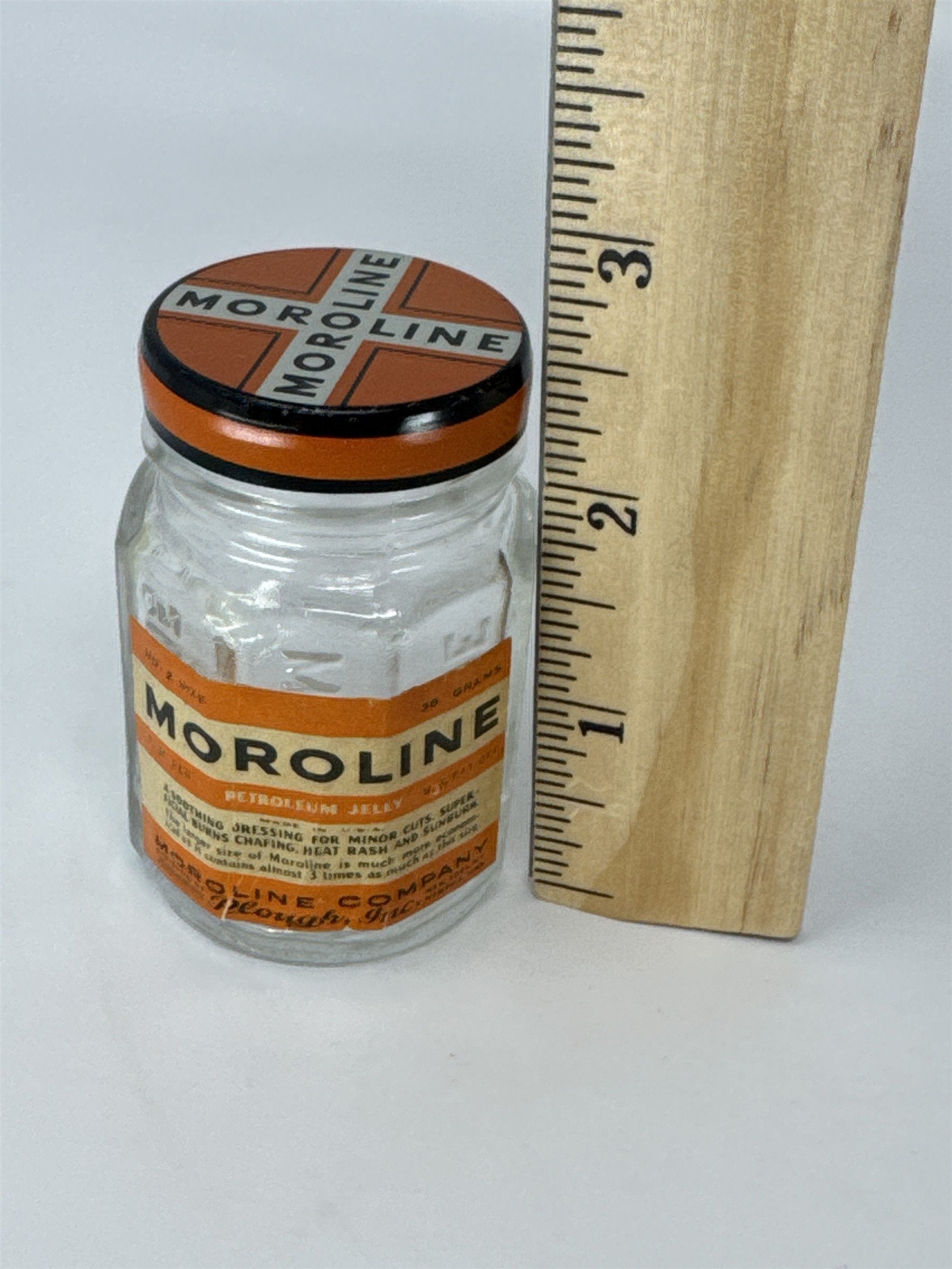 Vintage Moroline Petroleum Jelly Glass Jar Tin Lid Plough Inc Advertising