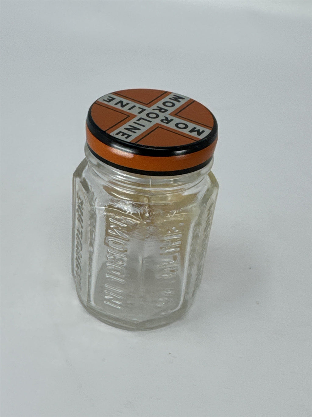 Vintage Moroline Petroleum Jelly Glass Jar Tin Lid Plough Inc Advertising