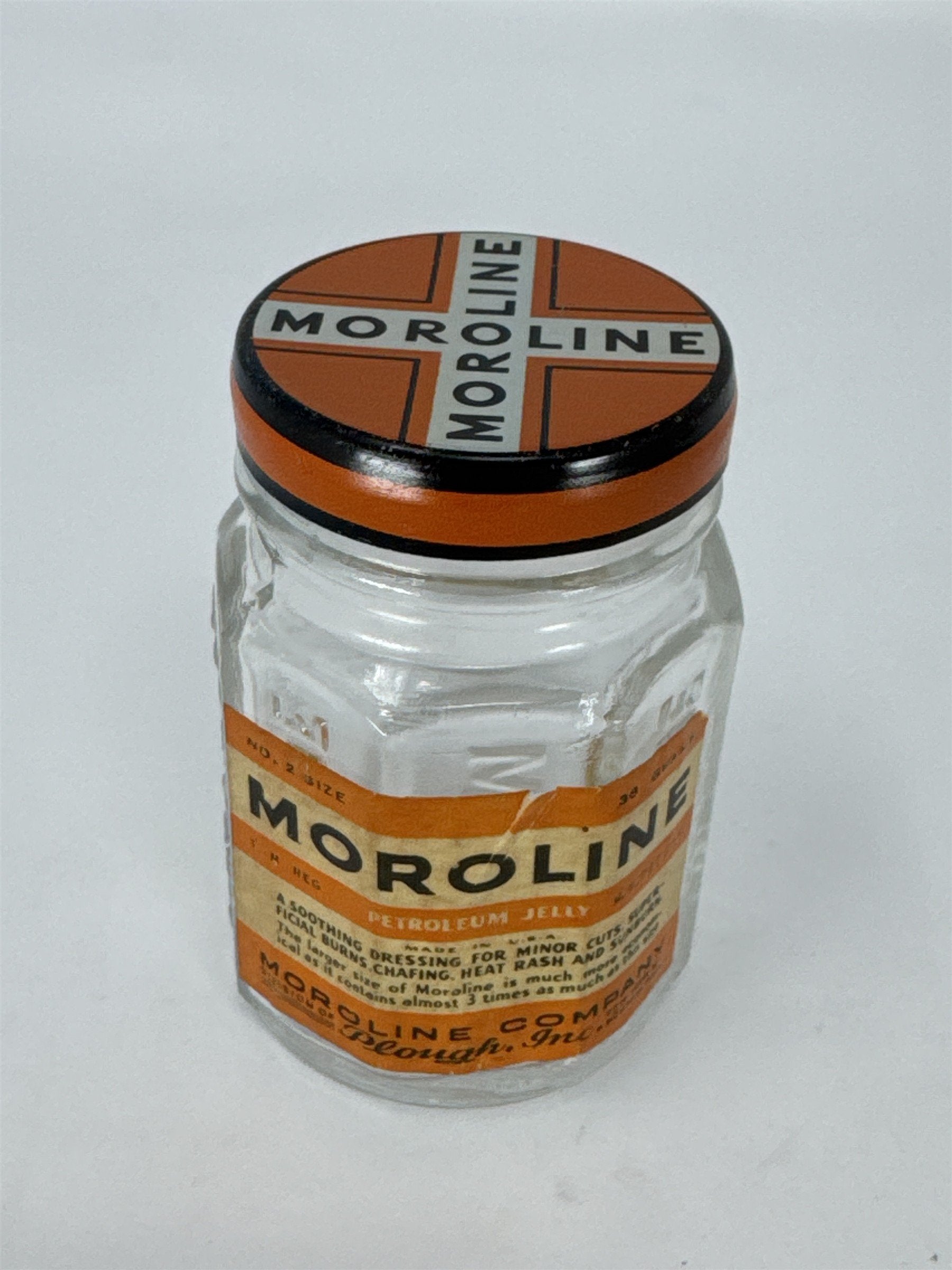 Vintage Moroline Petroleum Jelly Glass Jar Tin Lid Plough Inc Advertising Jar