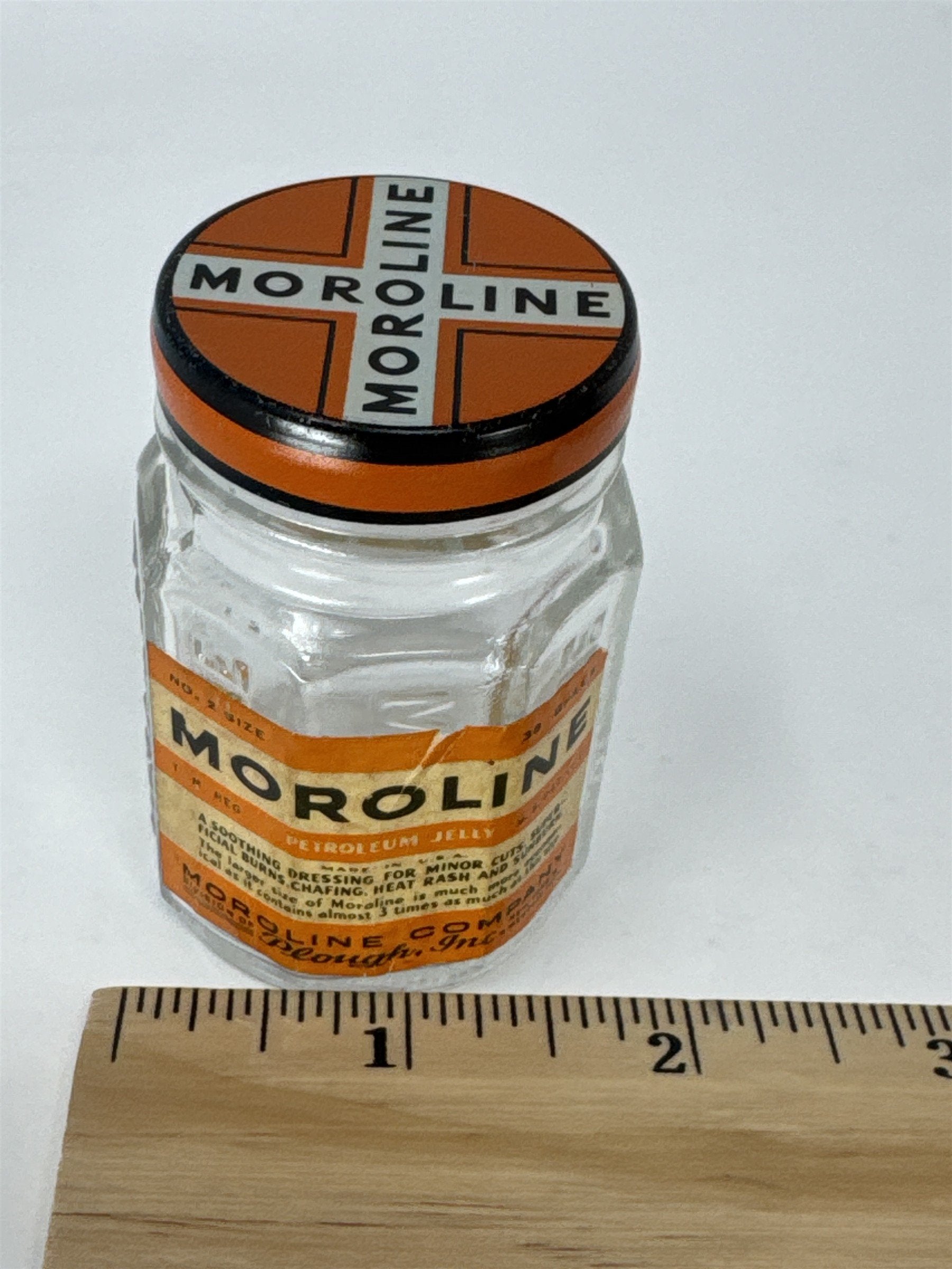 Vintage Moroline Petroleum Jelly Glass Jar Tin Lid Plough Inc Advertising Jar