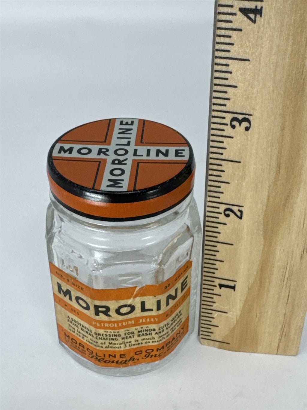 Vintage Moroline Petroleum Jelly Glass Jar Tin Lid Plough Inc Advertising Jar