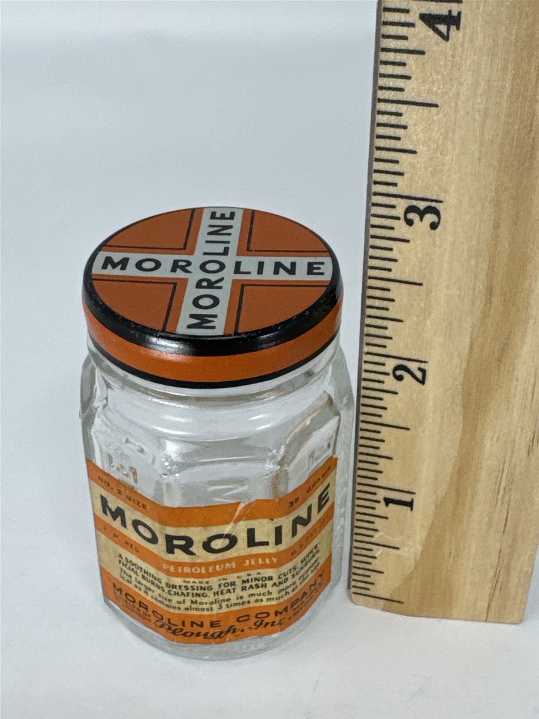 Vintage Moroline Petroleum Jelly Glass Jar Tin Lid Plough Inc Advertising Jar