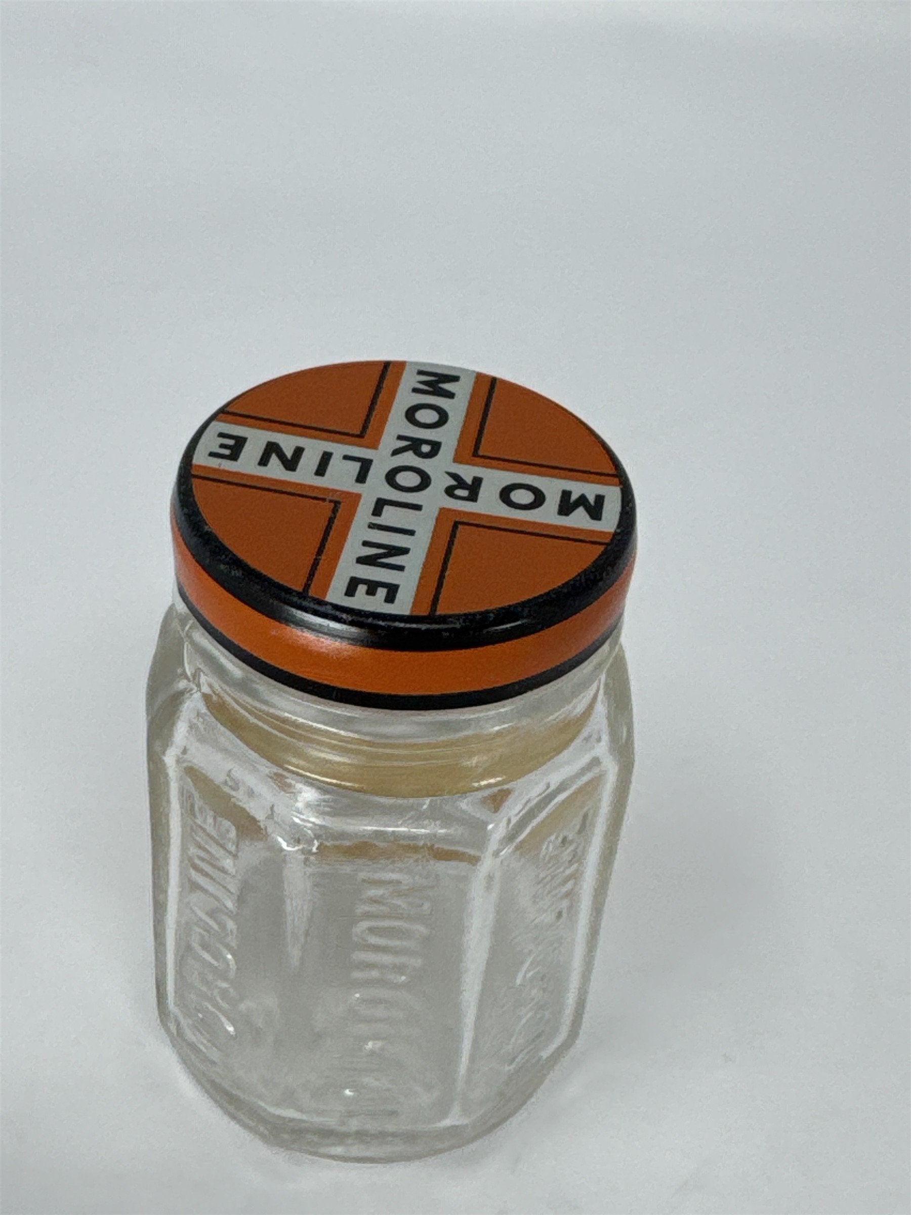 Vintage Moroline Petroleum Jelly Glass Jar Tin Lid Plough Inc Advertising Jar