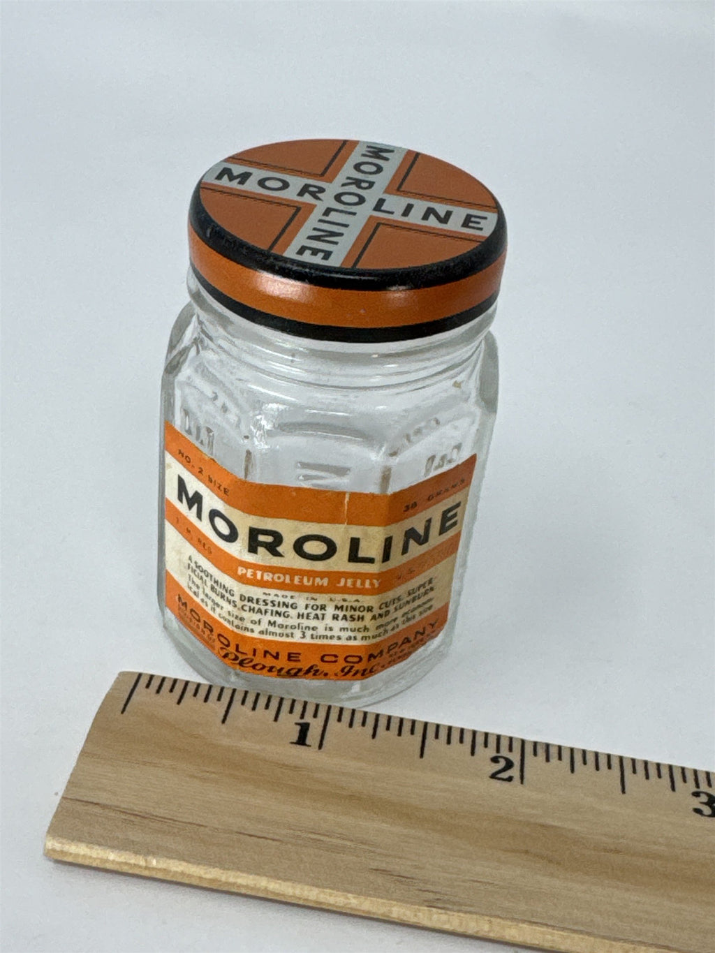 Vintage Moroline Petroleum Jelly Glass Jar Tin Lid Plough Inc Advertising Glass