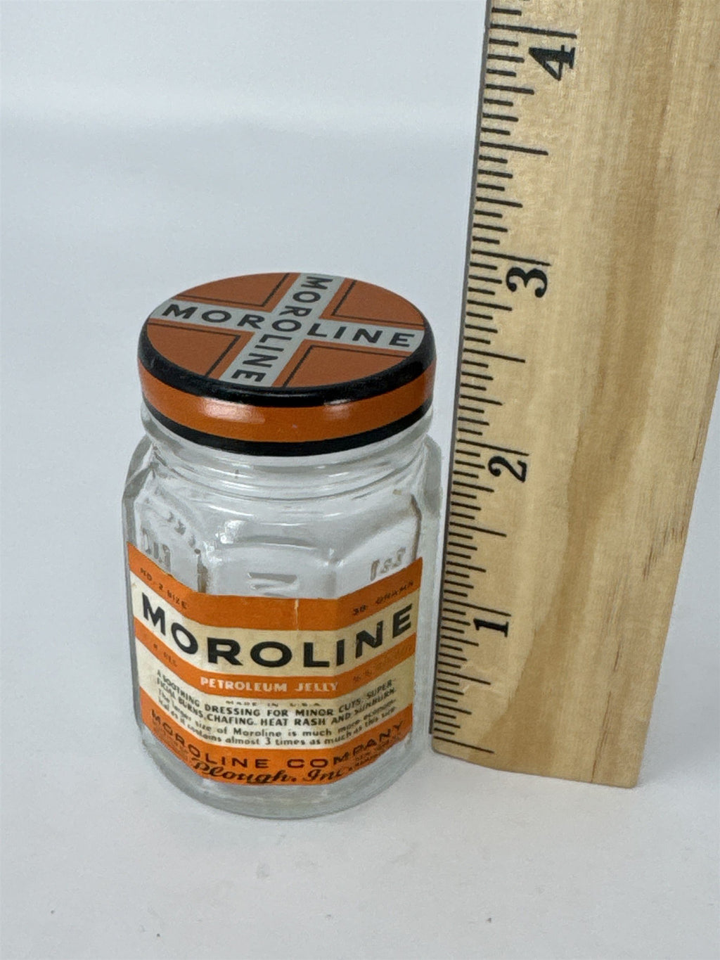 Vintage Moroline Petroleum Jelly Glass Jar Tin Lid Plough Inc Advertising Glass