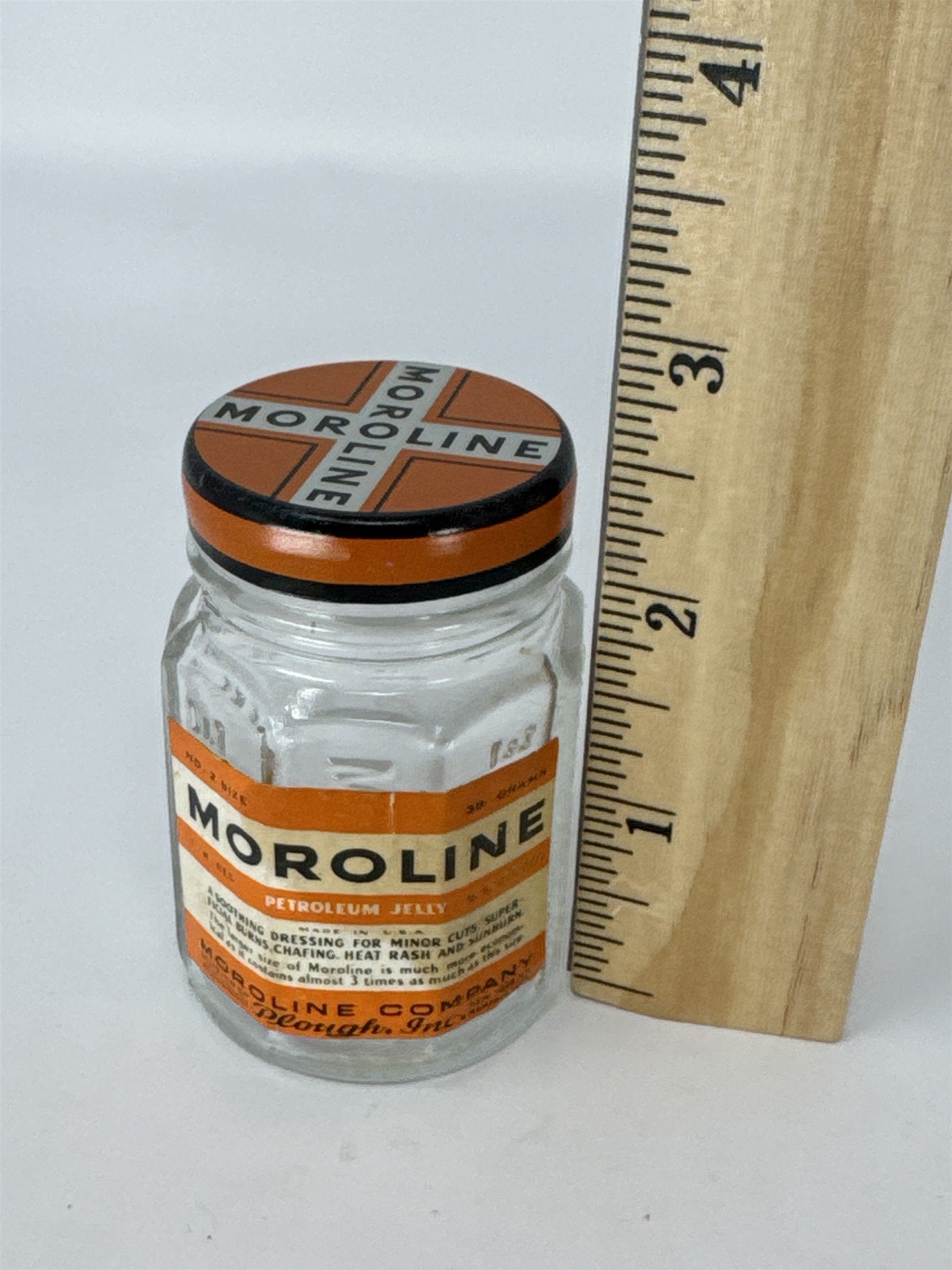 Vintage Moroline Petroleum Jelly Glass Jar Tin Lid Plough Inc Advertising Glass
