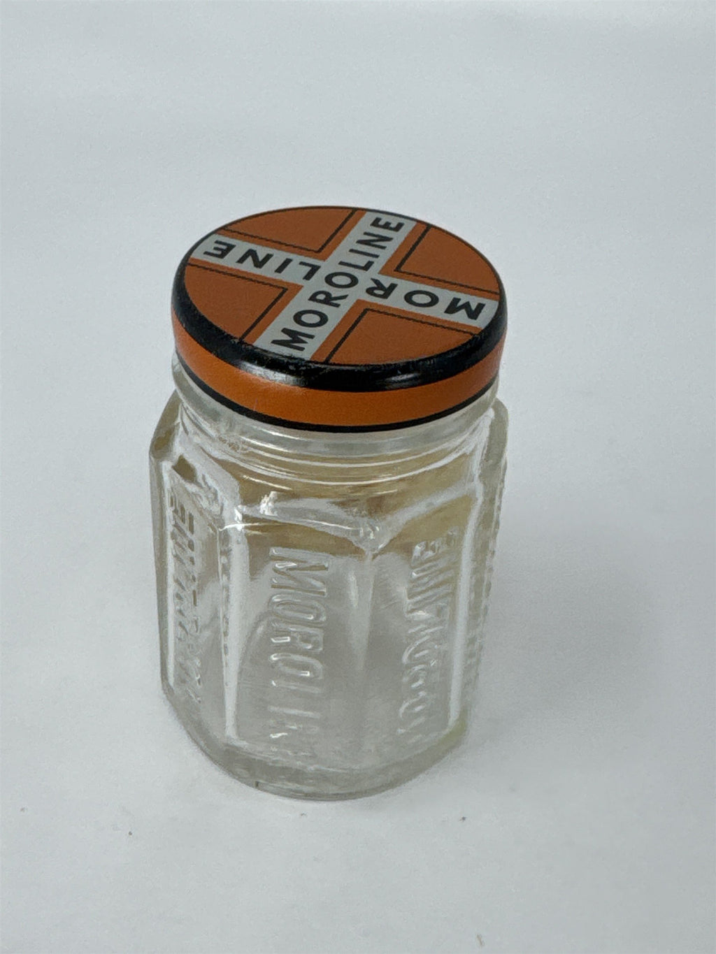 Vintage Moroline Petroleum Jelly Glass Jar Tin Lid Plough Inc Advertising Glass