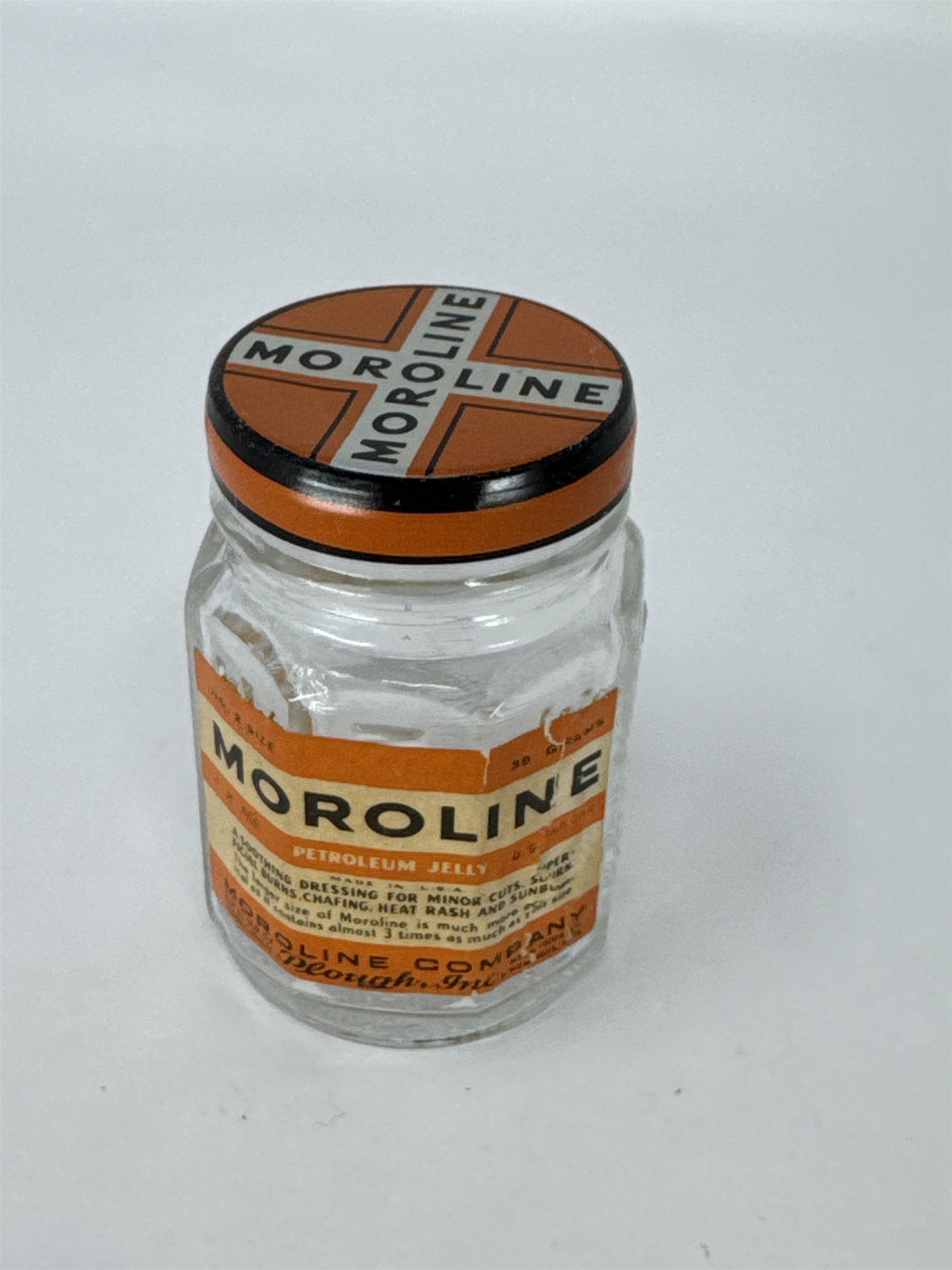 Vintage Moroline Petroleum Jelly Glass Jar Tin Lid Plough Inc Advertising Piece
