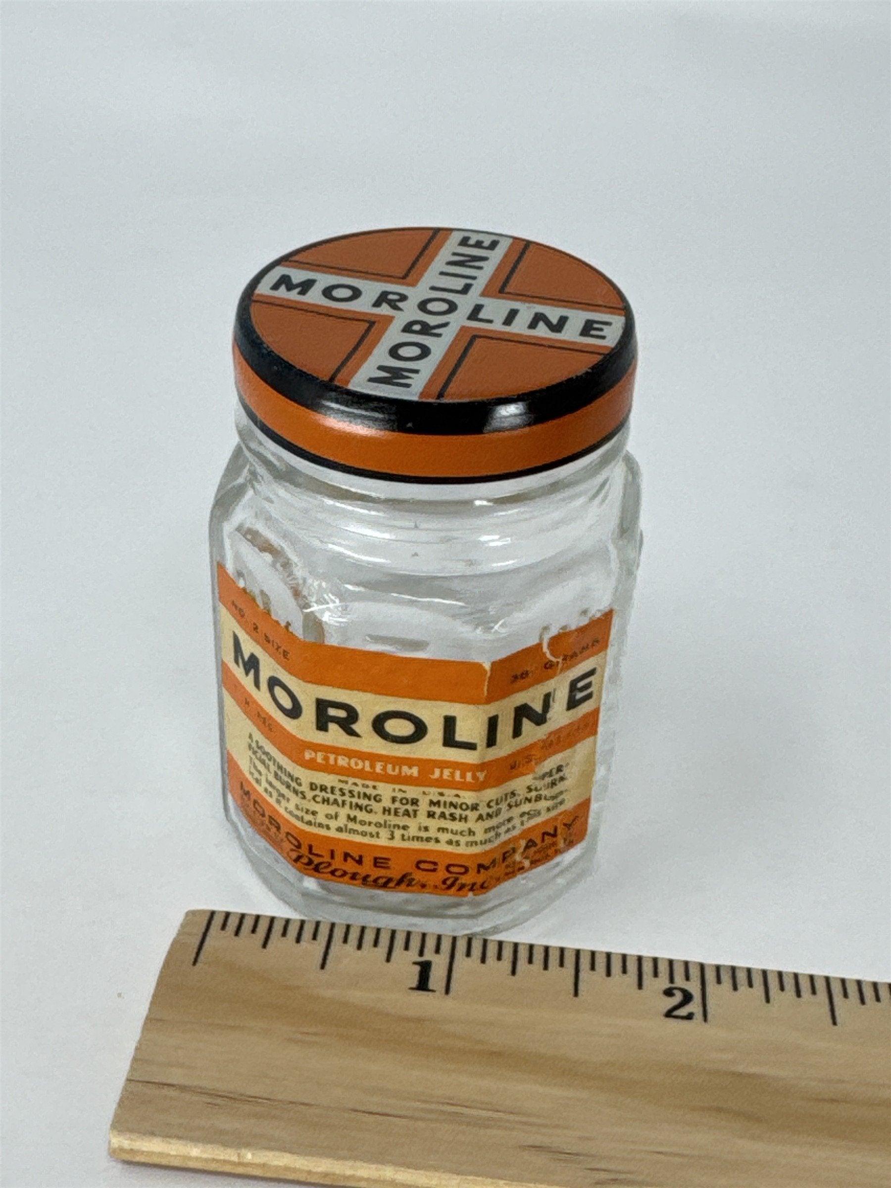 Vintage Moroline Petroleum Jelly Glass Jar Tin Lid Plough Inc Advertising Piece