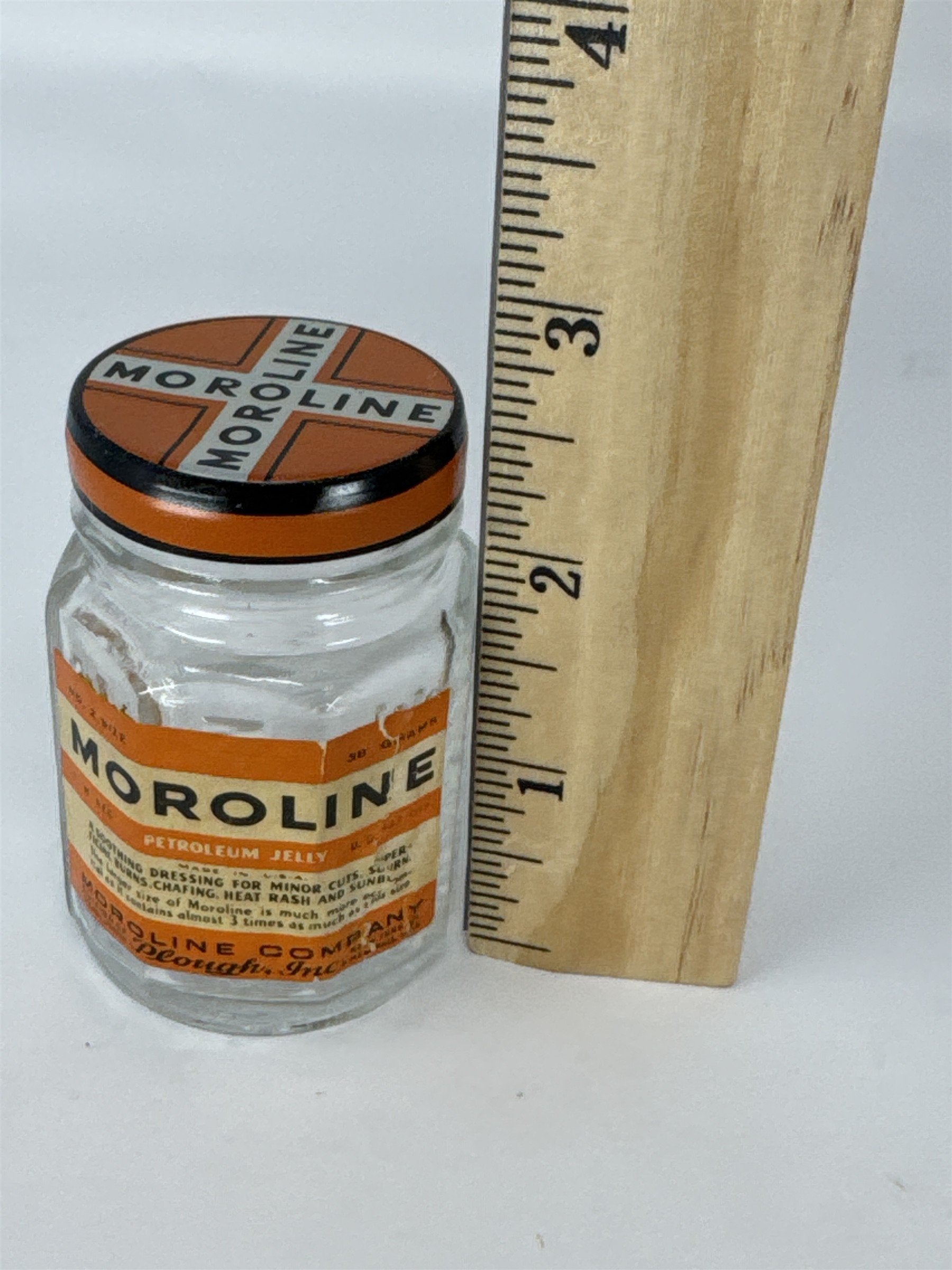 Vintage Moroline Petroleum Jelly Glass Jar Tin Lid Plough Inc Advertising Piece