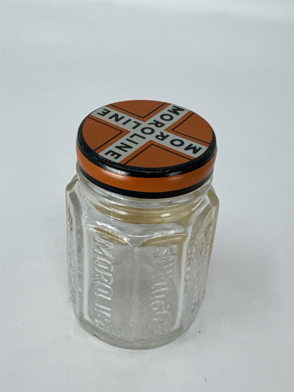 Vintage Moroline Petroleum Jelly Glass Jar Tin Lid Plough Inc Advertising Piece