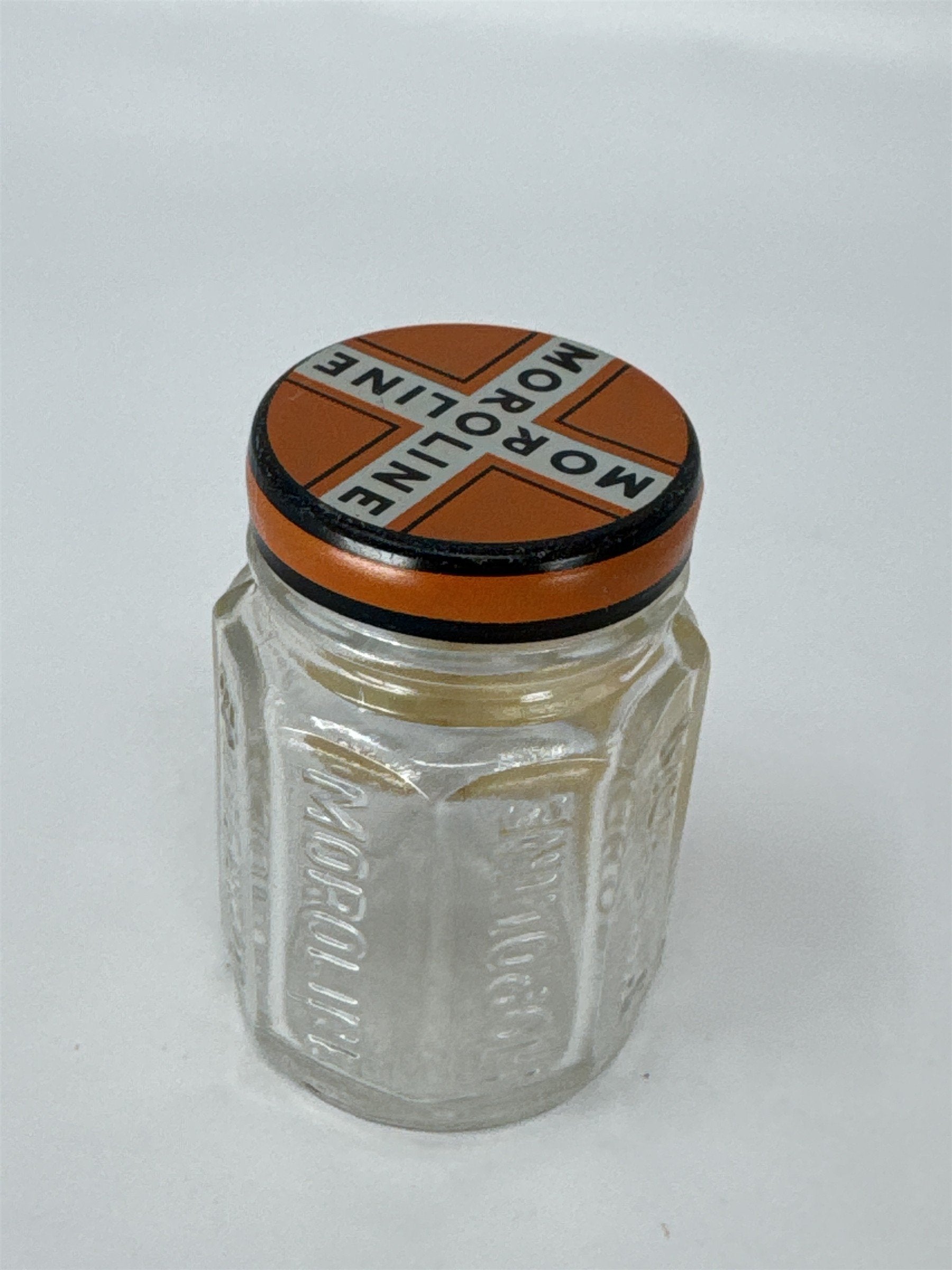 Vintage Moroline Petroleum Jelly Glass Jar Tin Lid Plough Inc Advertising Piece