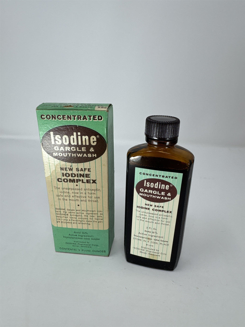 Vintage Isodine Gargle Mouthwash 2oz Bottle & Box Isodine Pharmacal Delaware